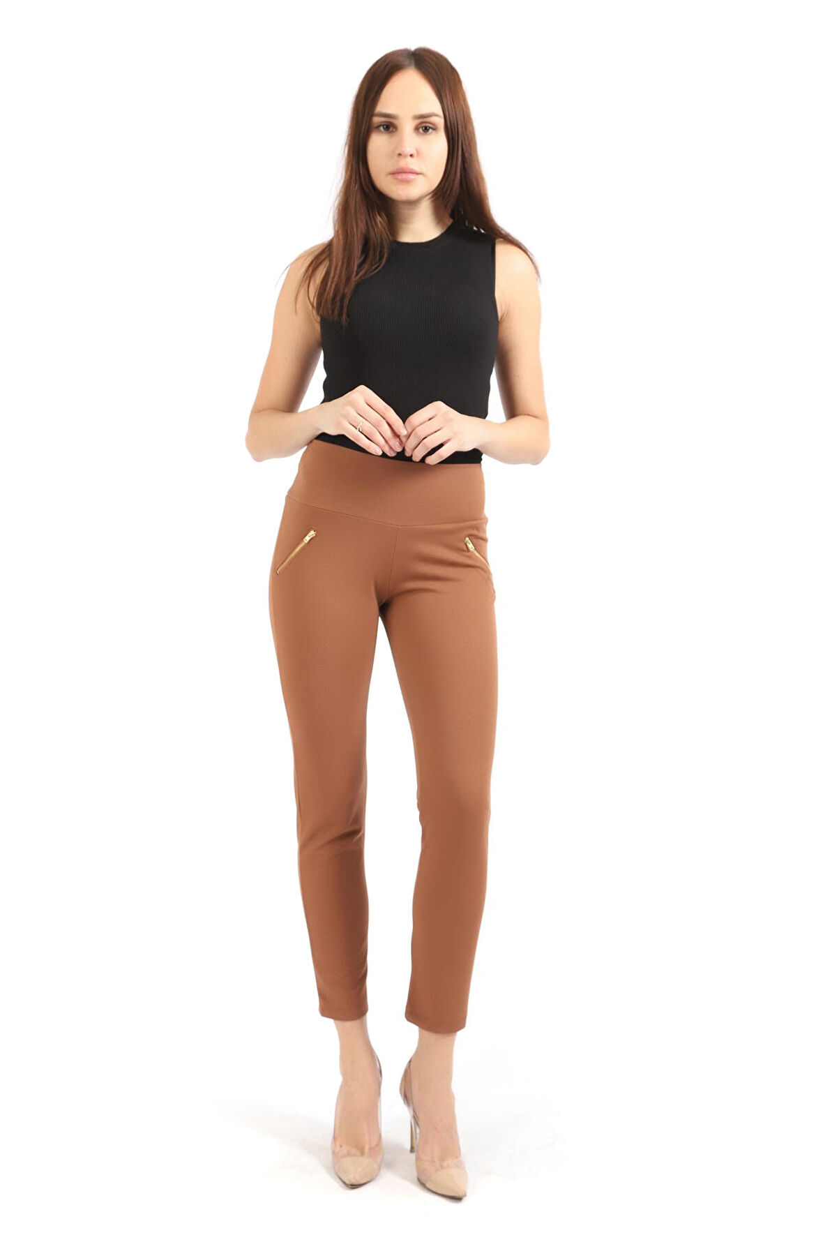 Süs Metal Fermuar Cepli Twin Krep Pantolon | PNT32348 K. Vizon