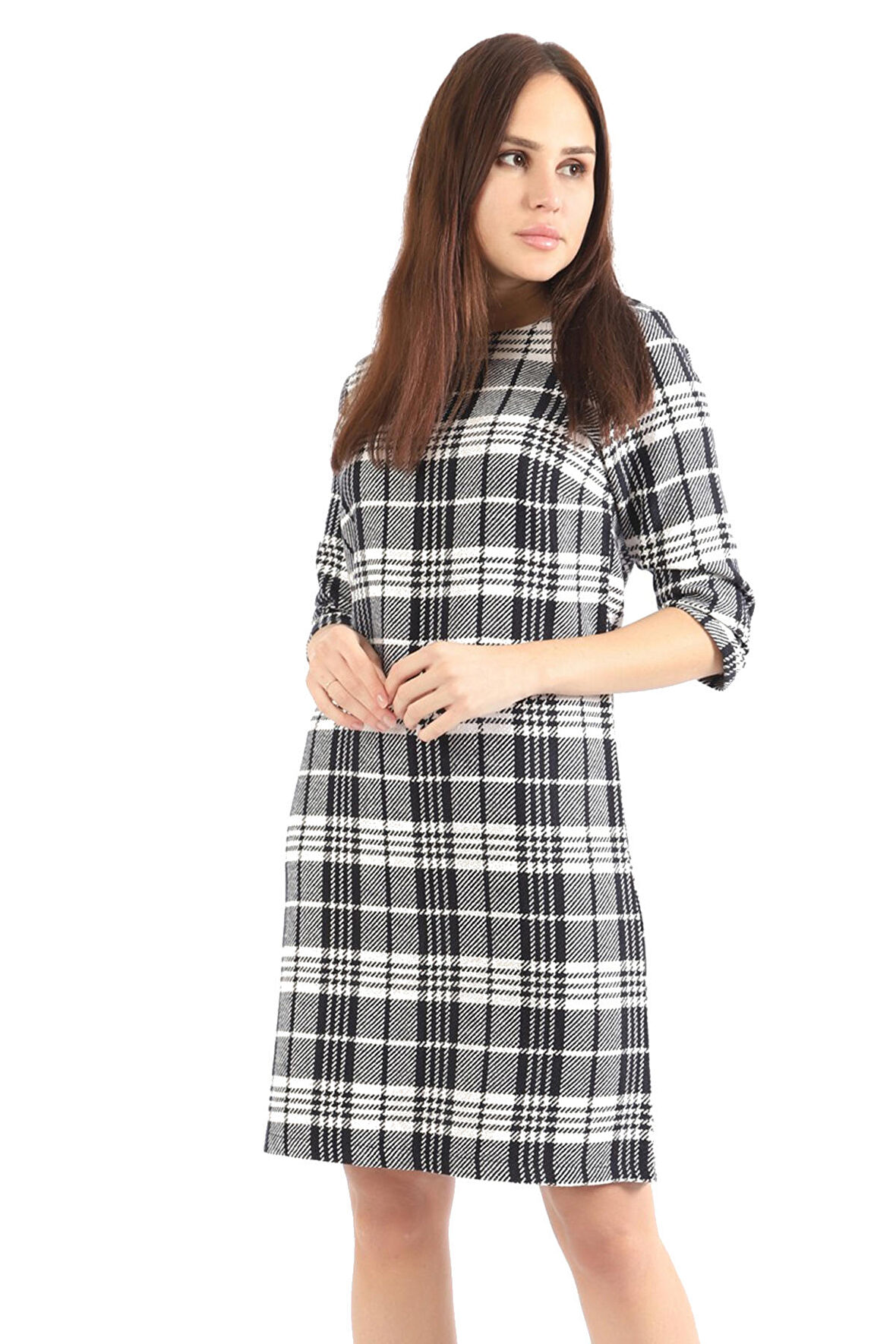 Uzun Kollu Ekose Elbise | Elb32153 Lacivert Ekose