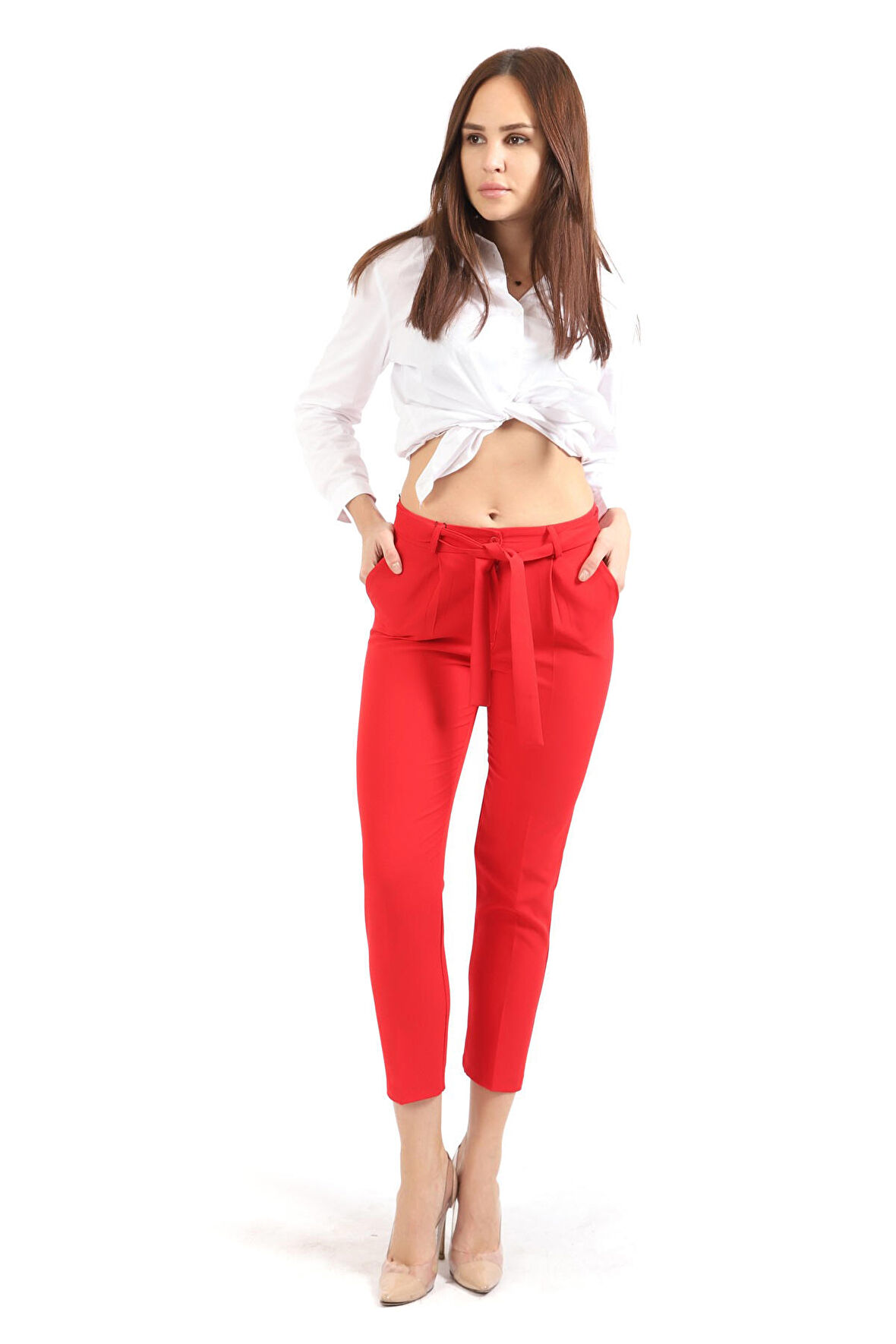 Beli Kusaklı Kumas Pantolon | Pnt19018 Kırmızı