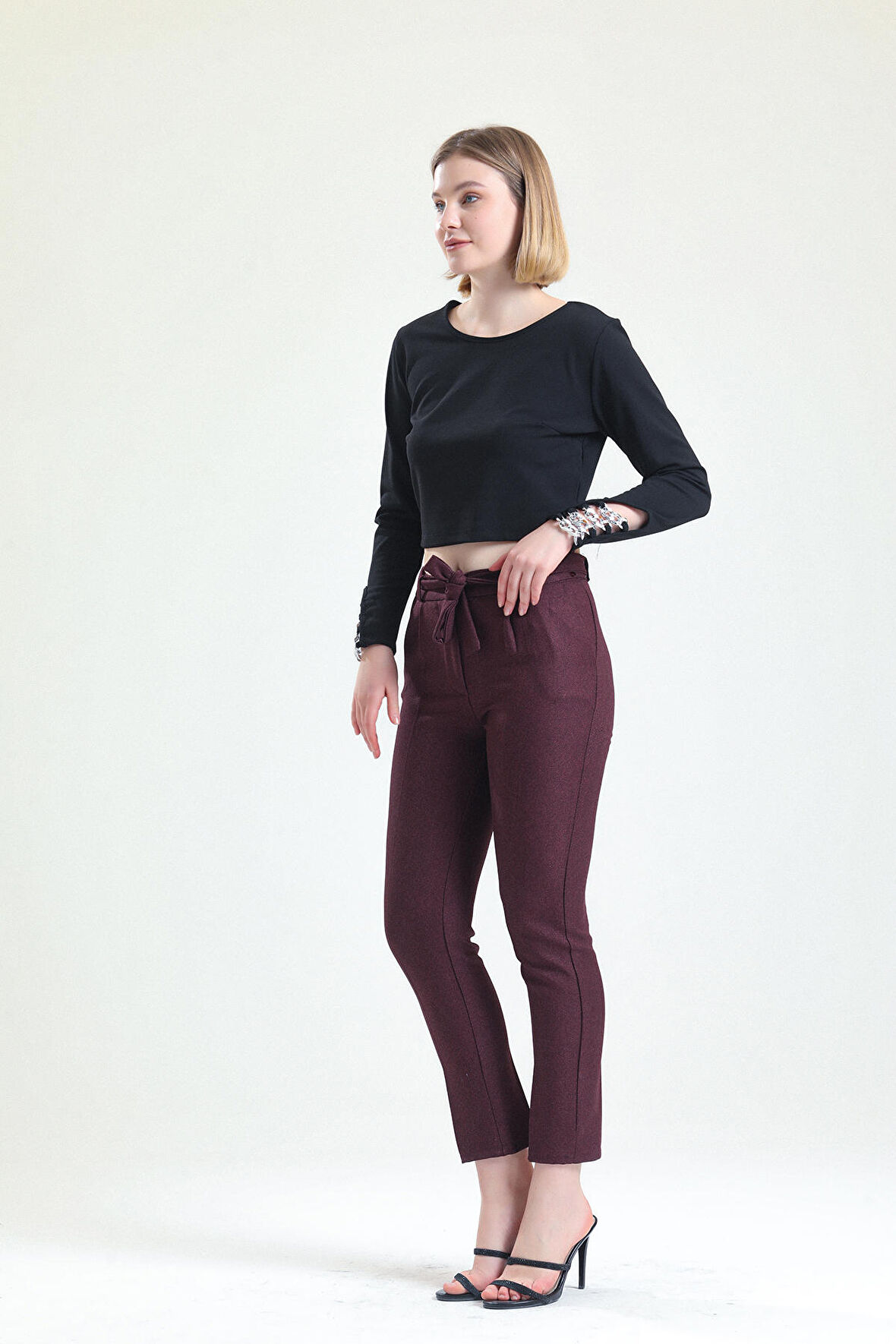 Beli Kemerli Bilekte  Pantolon | PNT19022 Mor