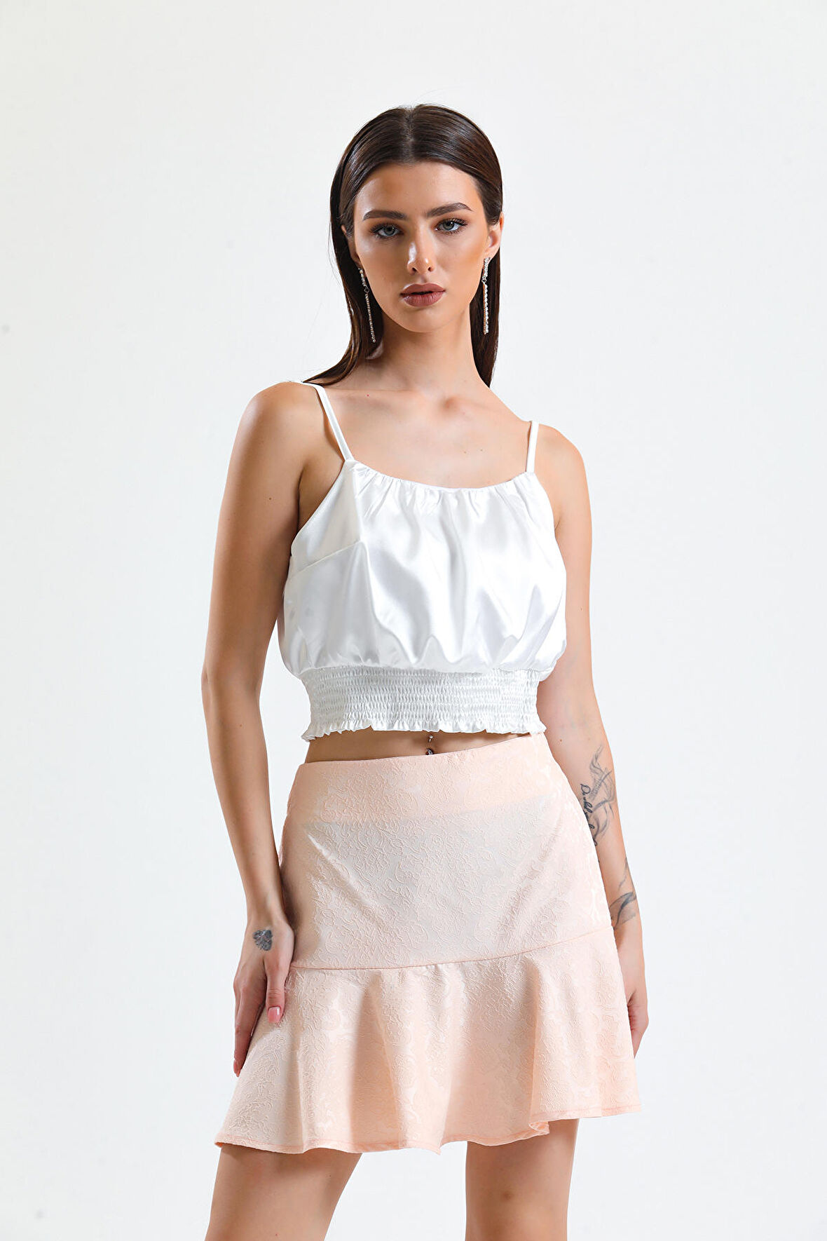 Jakarli Kisa Volanli Etek_Etk32608 Pudra