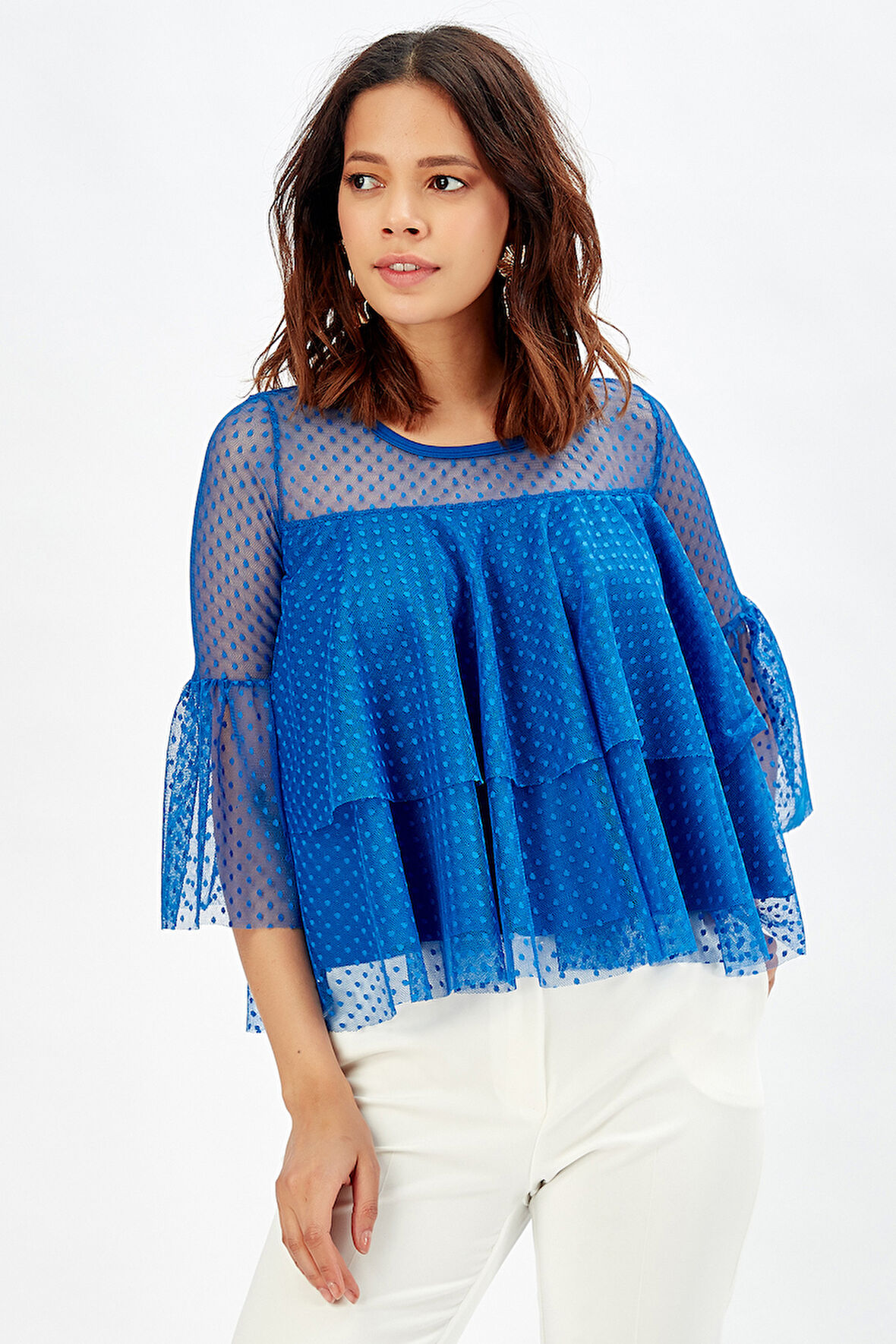 Kolları Tül Volanlı Bluz Saks
