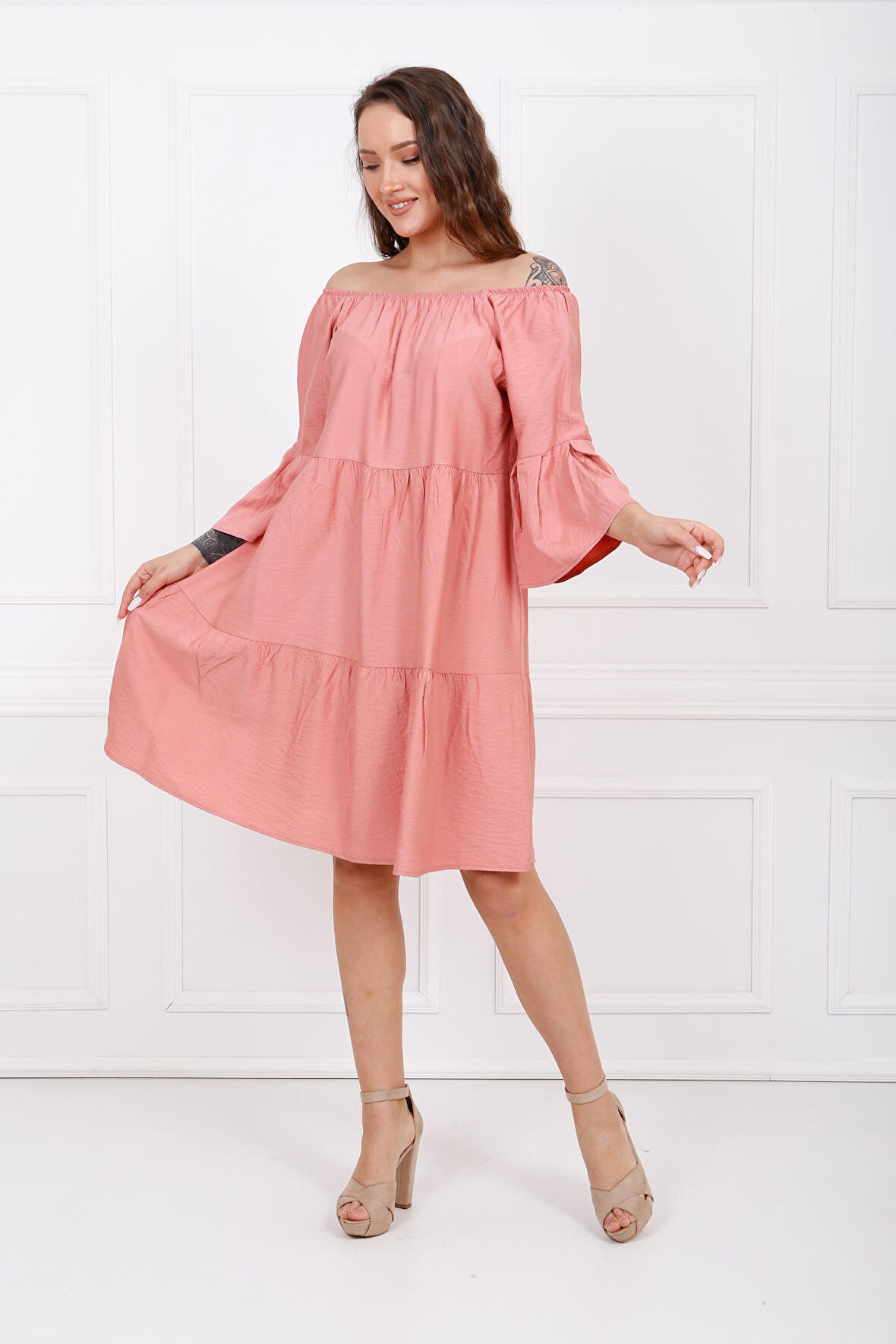 Uzun Kol Madonna Yaka Elbise | ELB32691 Gül