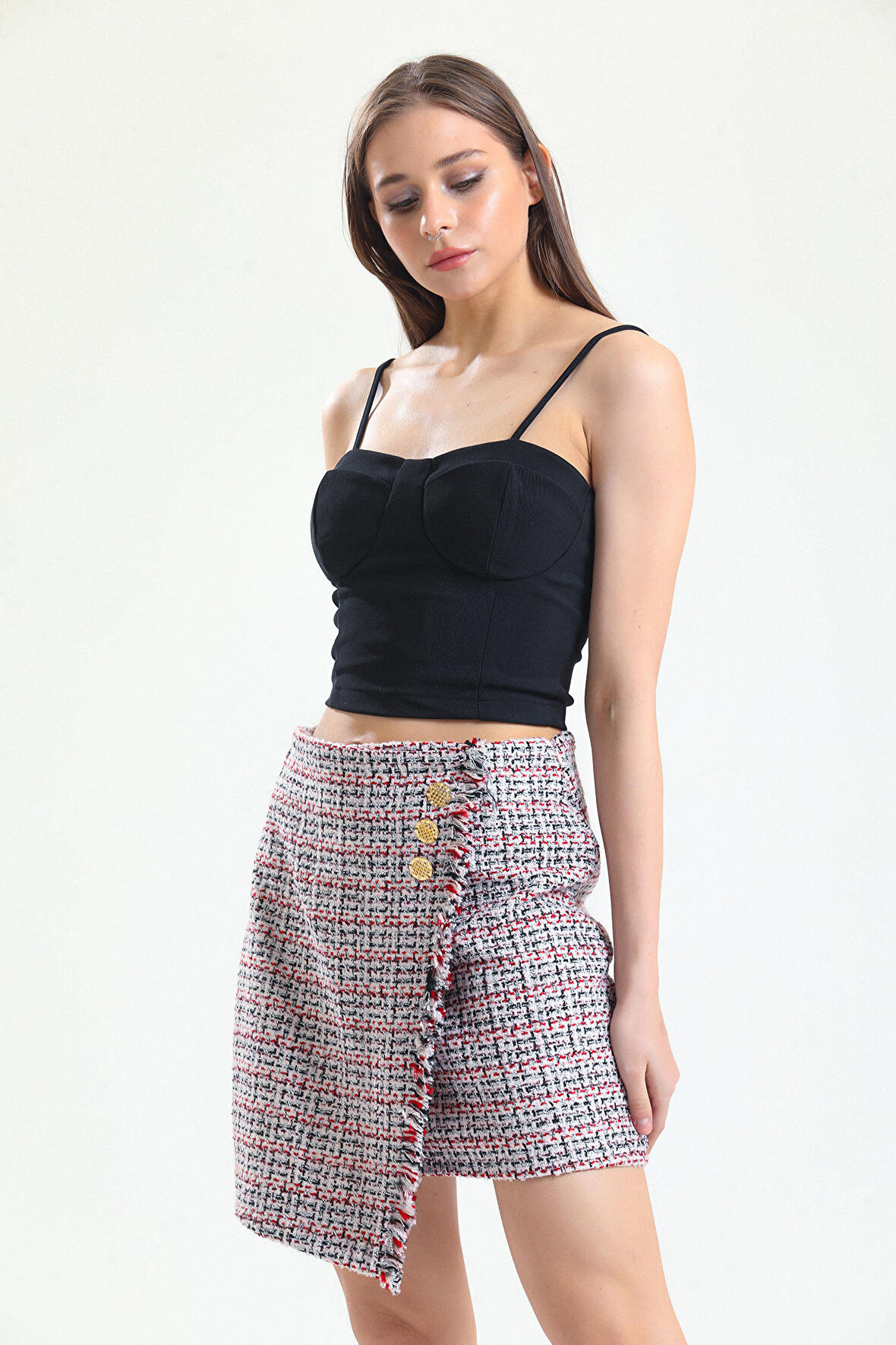 Sense Püsküllü Chanel Kısa Etek | Etk32983 Pembe Kırmızı