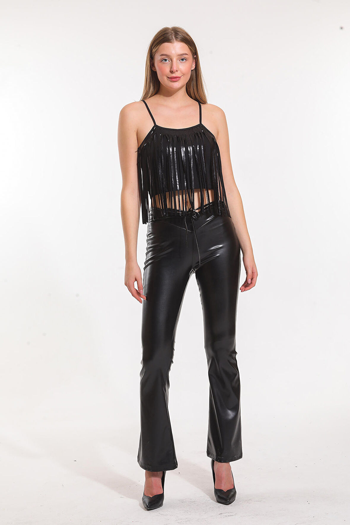 Yüksek Kemerli İçi Kadifeli İspanyolpaça Deri Pantolon PNT33341 Siyah