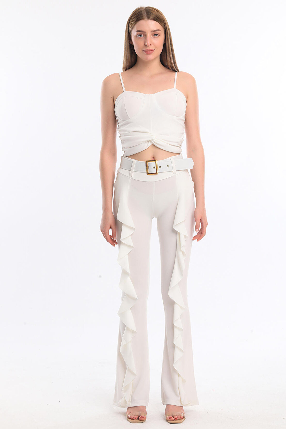 Kemerli Volanlı Scuba Krep Pantolon | Pnt32716 Ekru