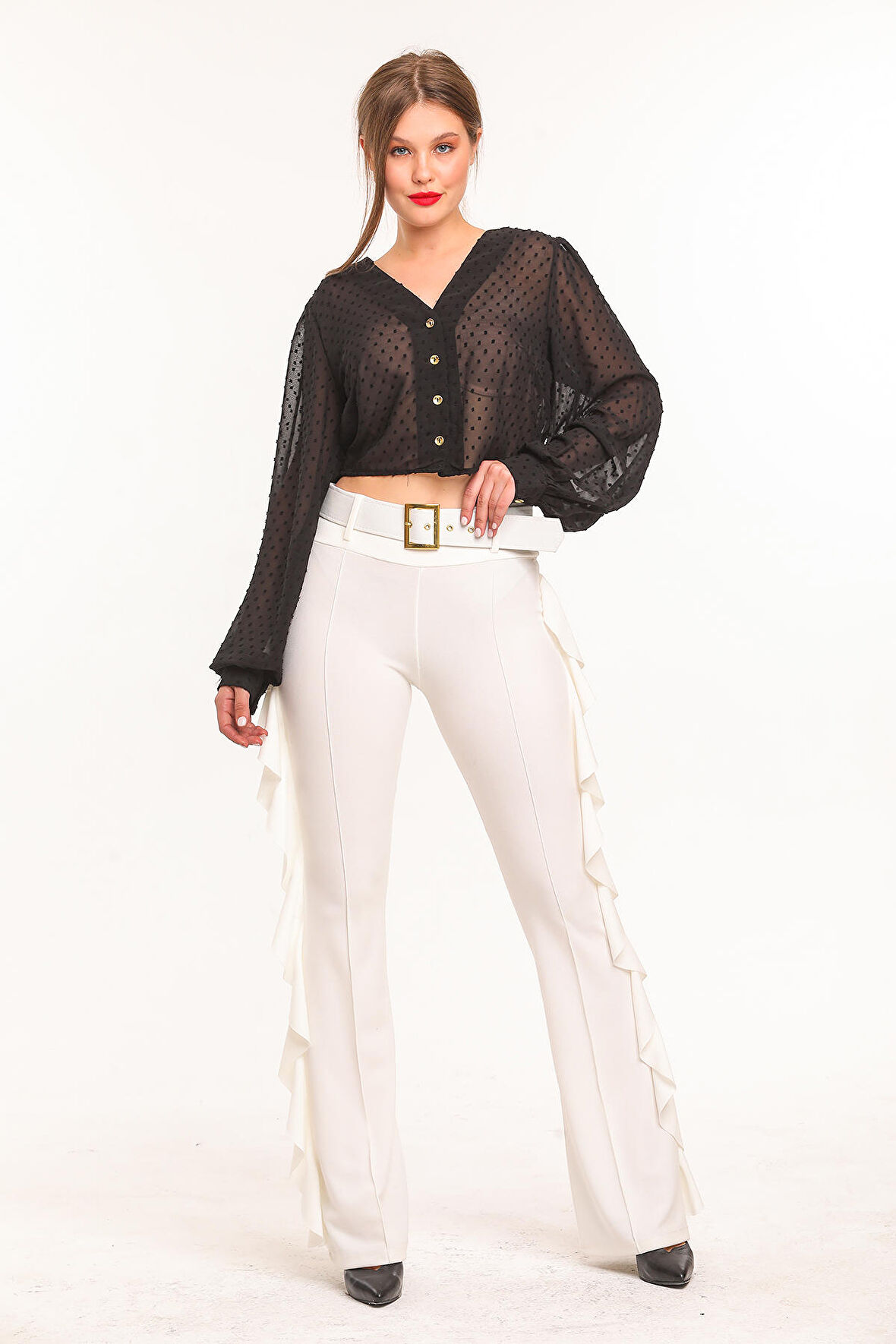 Sarı Toka Kemerli Yandan Volanlu Scuba Krep Pantolon_Pnt32717 Ekru