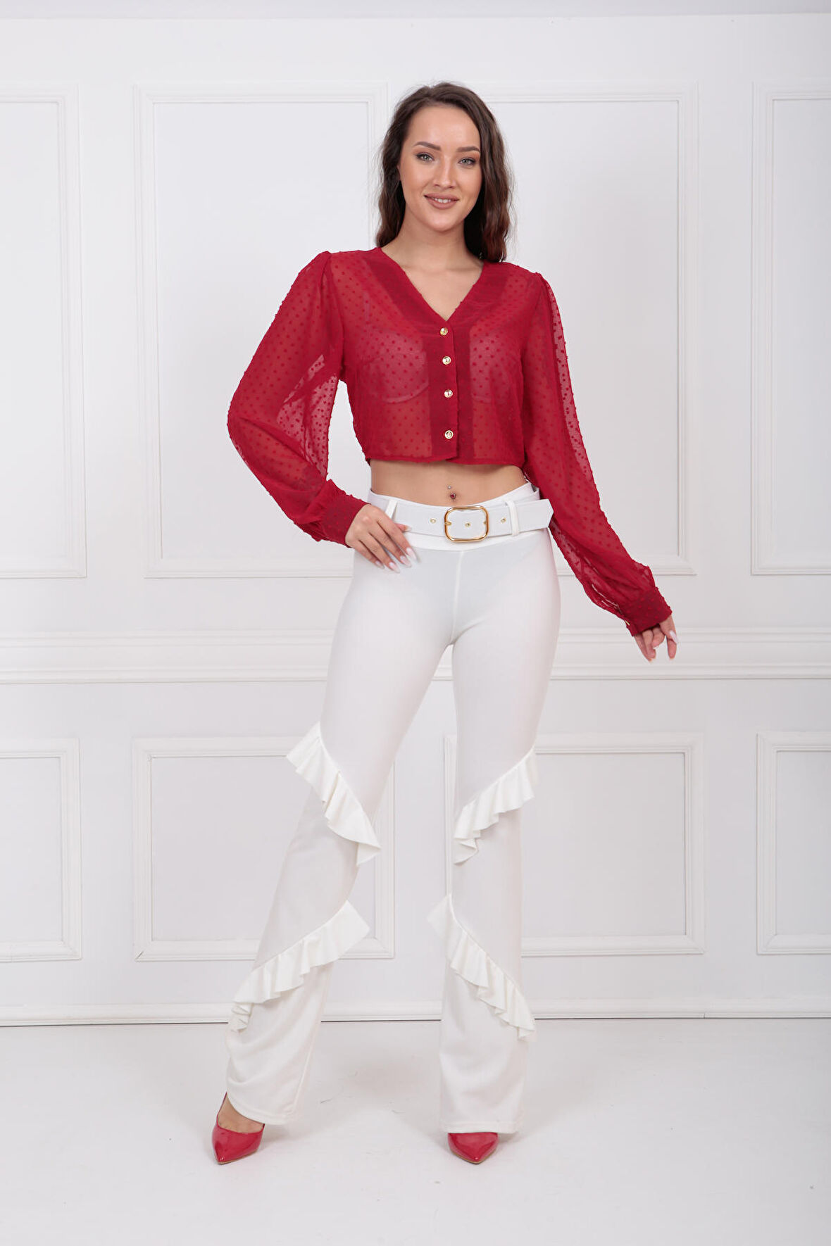 Beli 5 Cm.Kumaş Kaplama  Kemerli Önler 2 Volanlı Scuba Krep Pantolon | PNT33363 Ekru