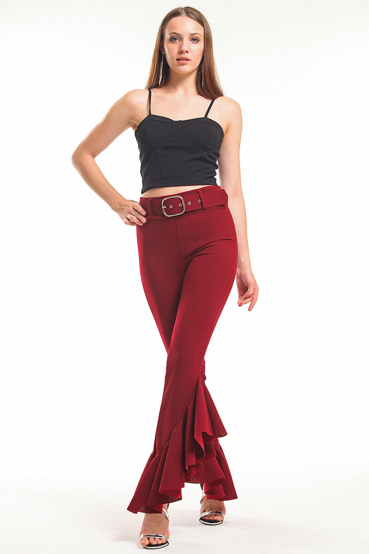 Kemerli Paça Volanlı Pike Çelik  Pantolon | Pnt32698 Bordo