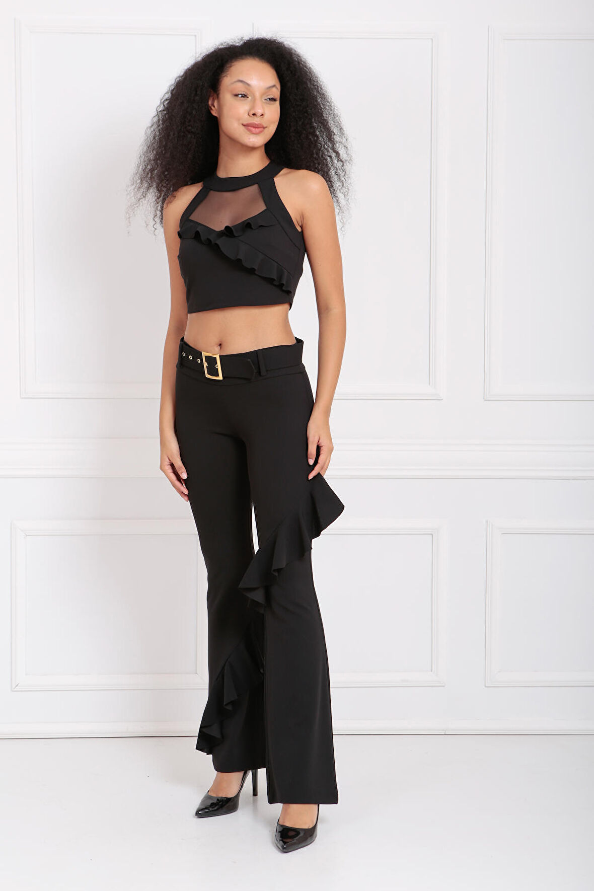 Kemerli Valon detaylı Scuba Krep Pantolon | PNT33389 Siyah