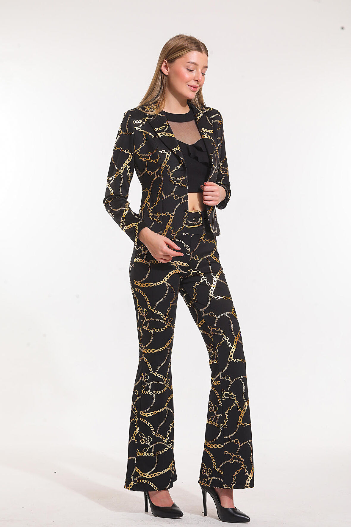 İspanyol paça Varak Baskılı Scuba Pantolon | PNT33581 Zincir Des.Siyah Gold