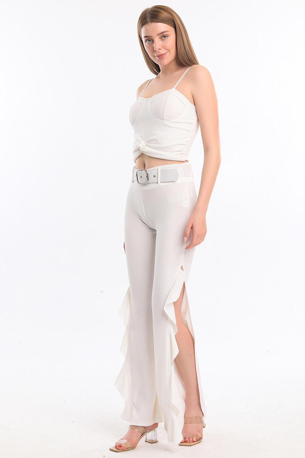 Volanlı  Kemerli Scuba Krep Pantolon | Pnt33394 Ekru