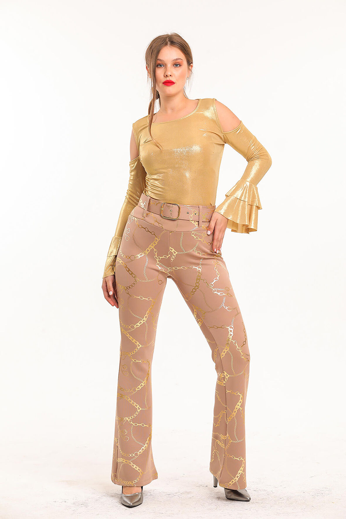 İspanyol paça Varak Baskılı Scuba Pantolon | PNT33581 Vizon Gold Zincir Des.
