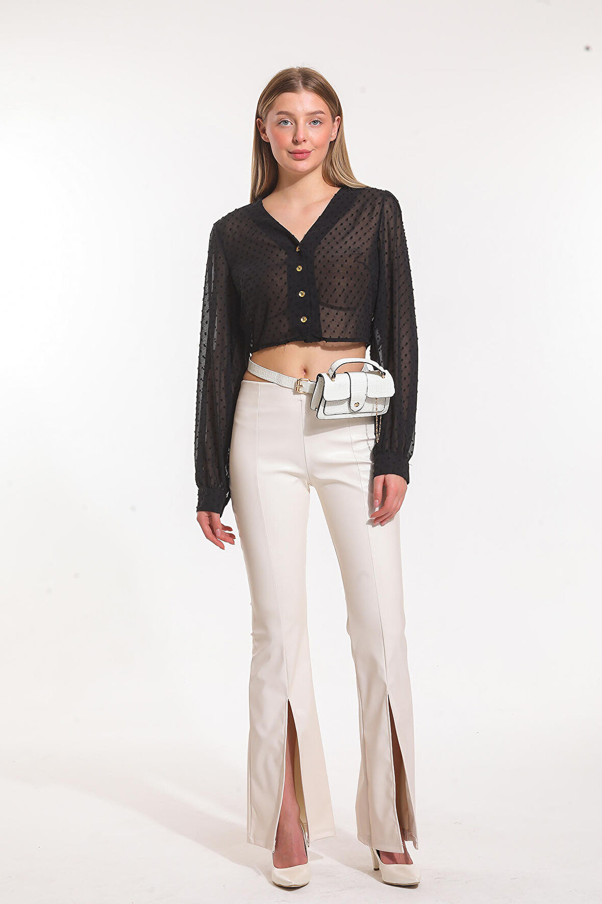 Paçalar Önden Yırtmaçlı Beli Lastikli Deri Tayt | TYT33544 Ekru