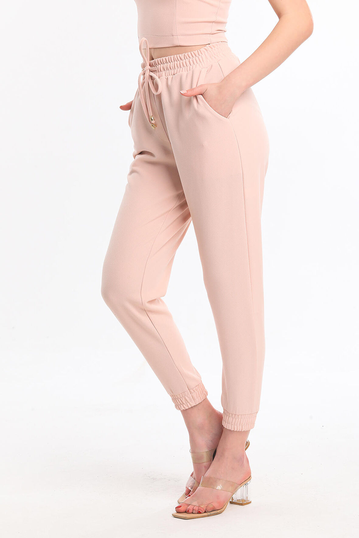 Beli Ve Paçası Lastikli Cepli  Scuba Krep Pantolon Pnt33884 Pudra