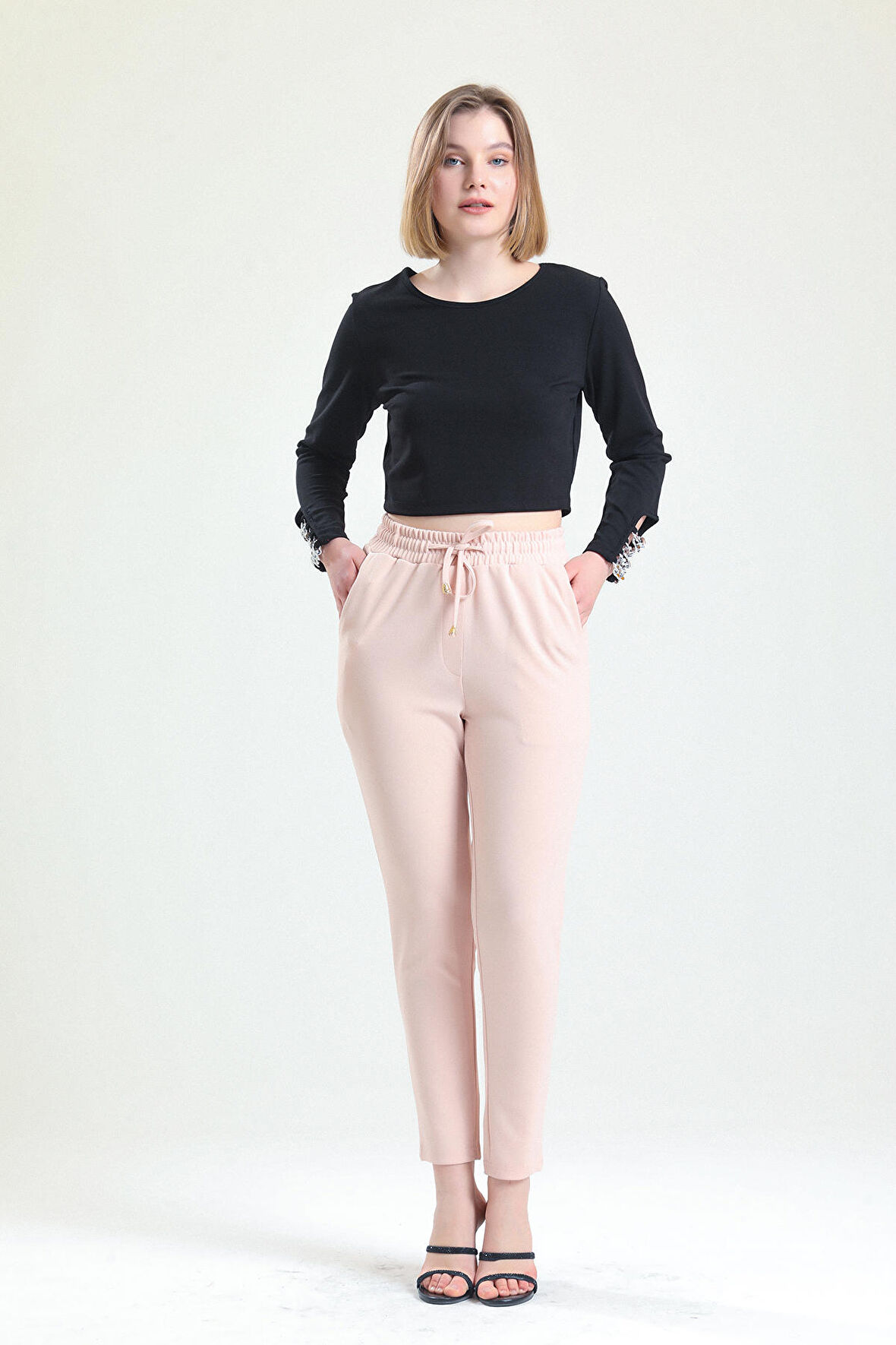 Beli Lastikli Cepli Bağuclu Scuba Krep Pantolon | Pnt33885 Pudra