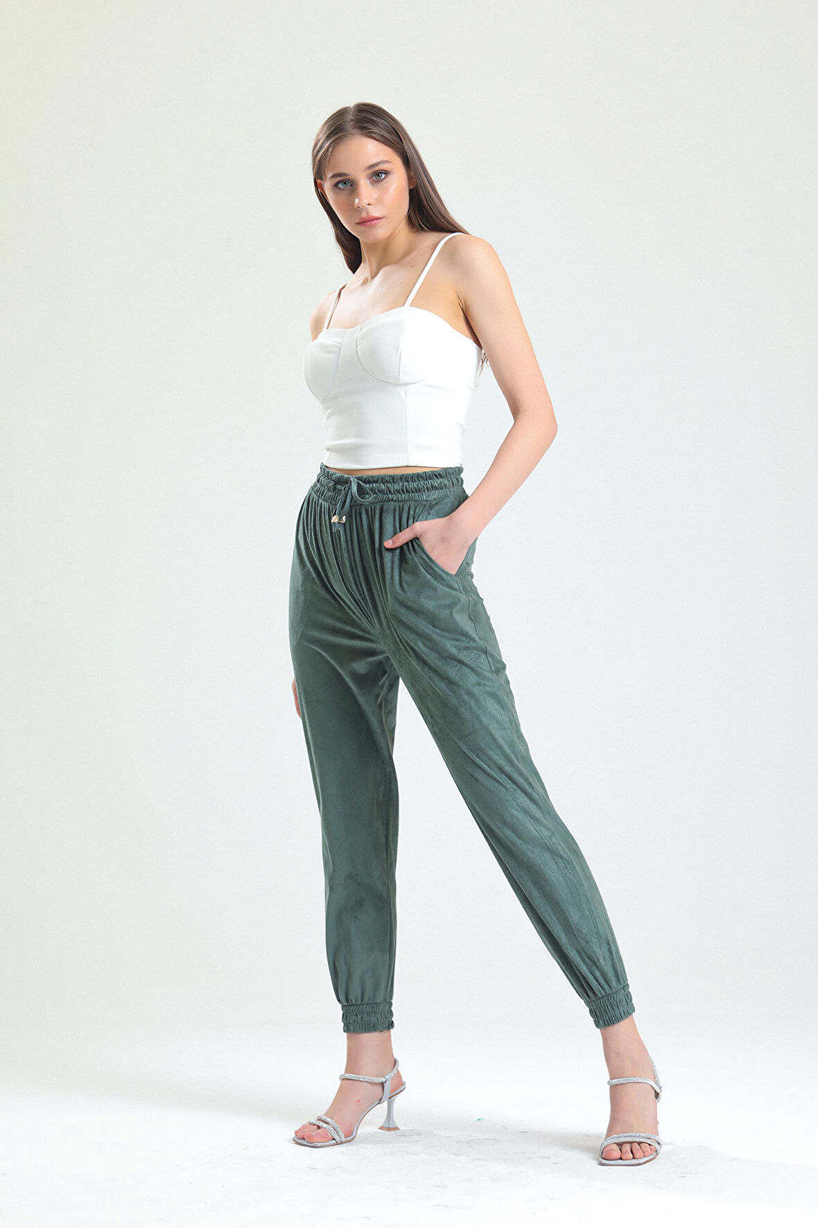 Beli Ve Paçaları Lastikli Süet Pantolon | PNT33895 Yesıl