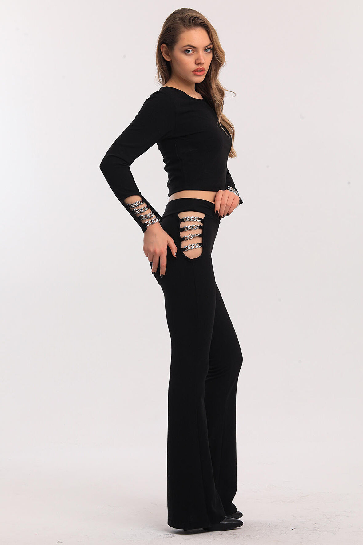 Halka Zincirli İspanyol Paça Scuba Krep Pantolon | Pnt33933 Siyah