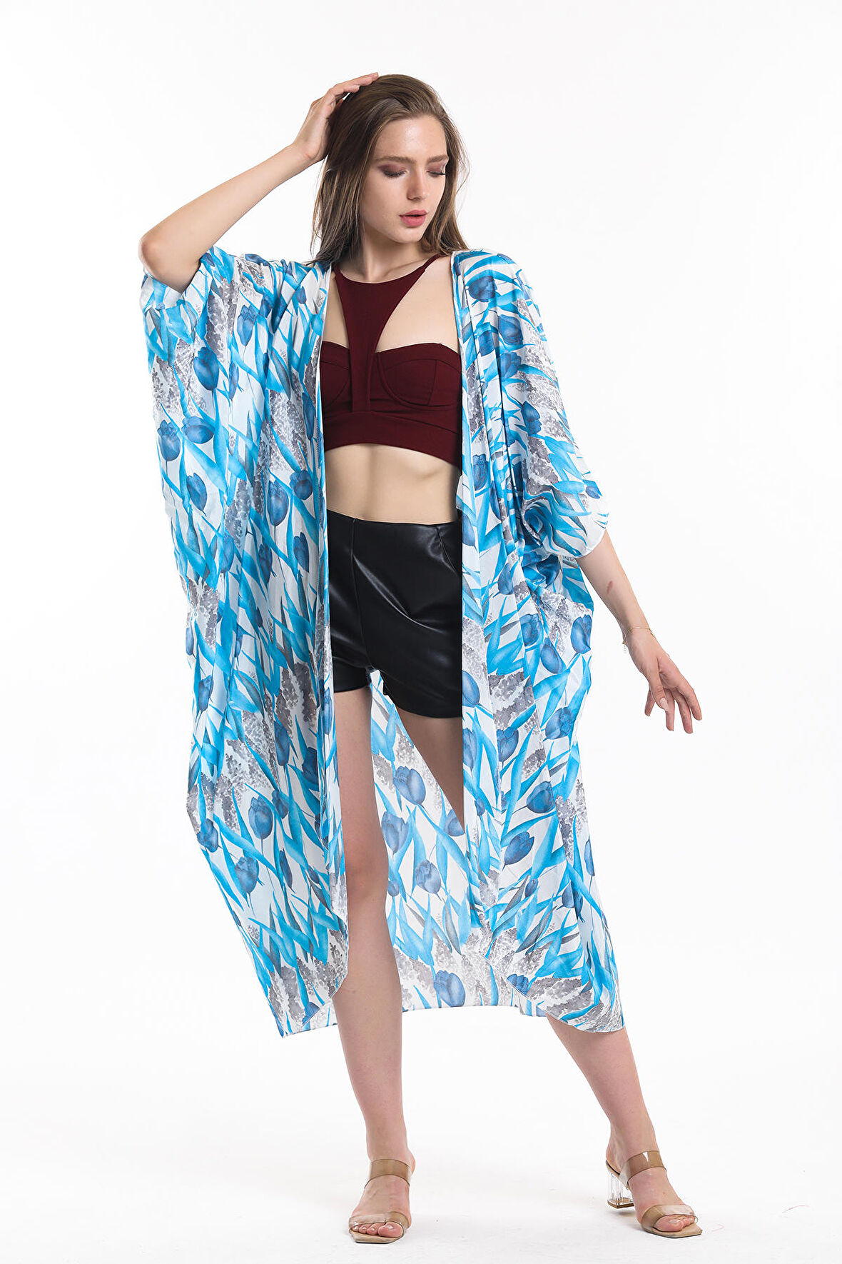 Şifon Plaj Kimono | ELB33597 LALE DES.MAVİ