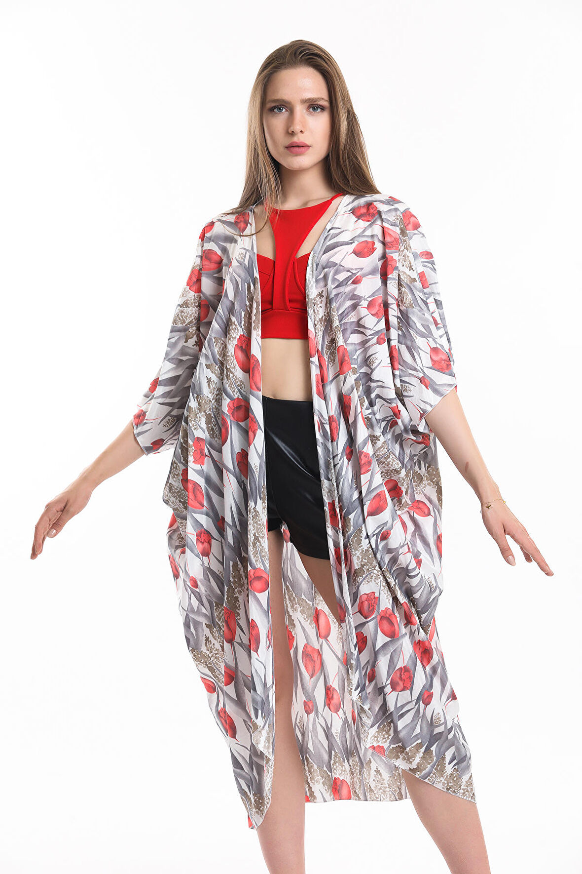 Şifon Plaj Kimono | ELB33597 LALE DES.GRİ