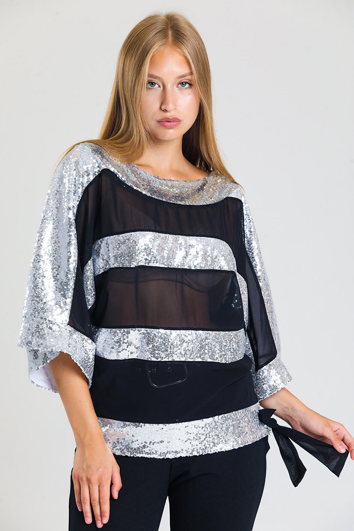 SENSE Payet Garnili Şifon Bluz | Blz32684 Grı