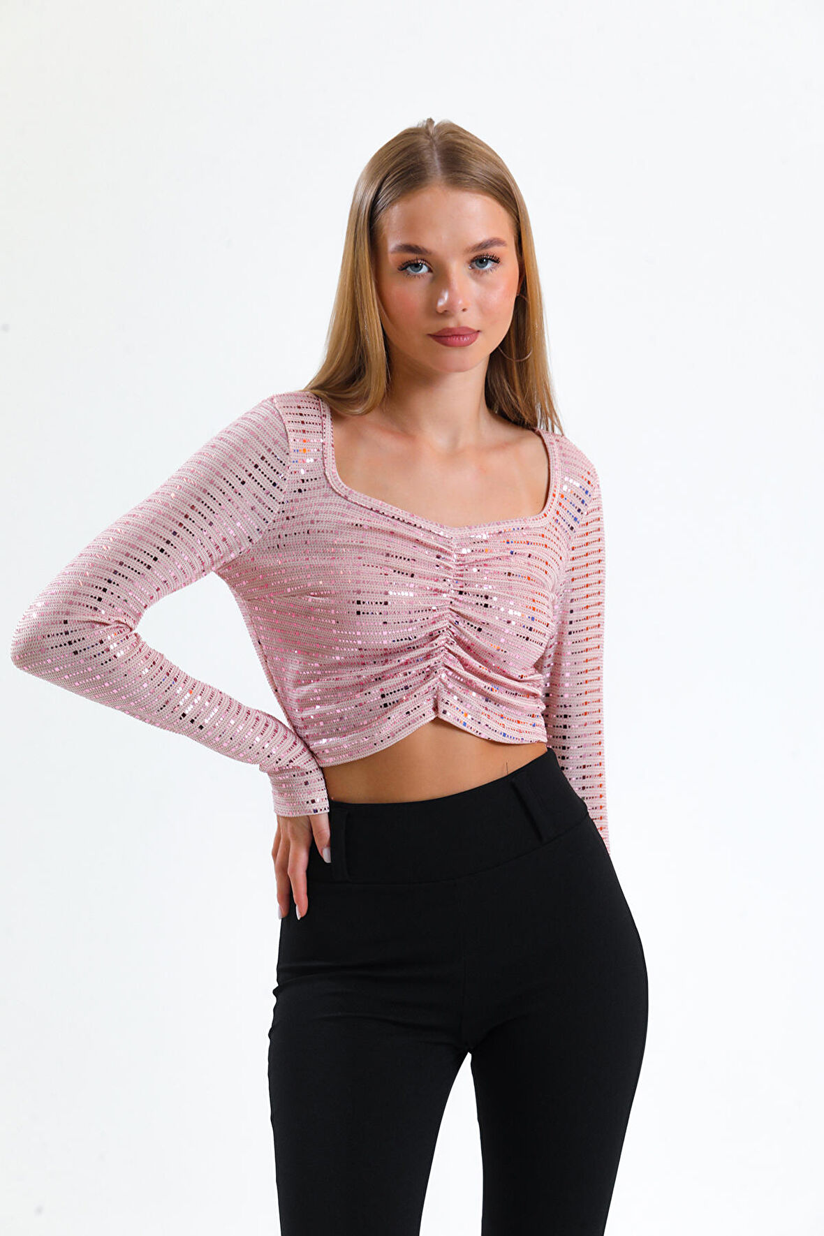 Uzun Kol Önü Lastik Büzgülü Buzi Payet Bluz Blz34189 Pembe