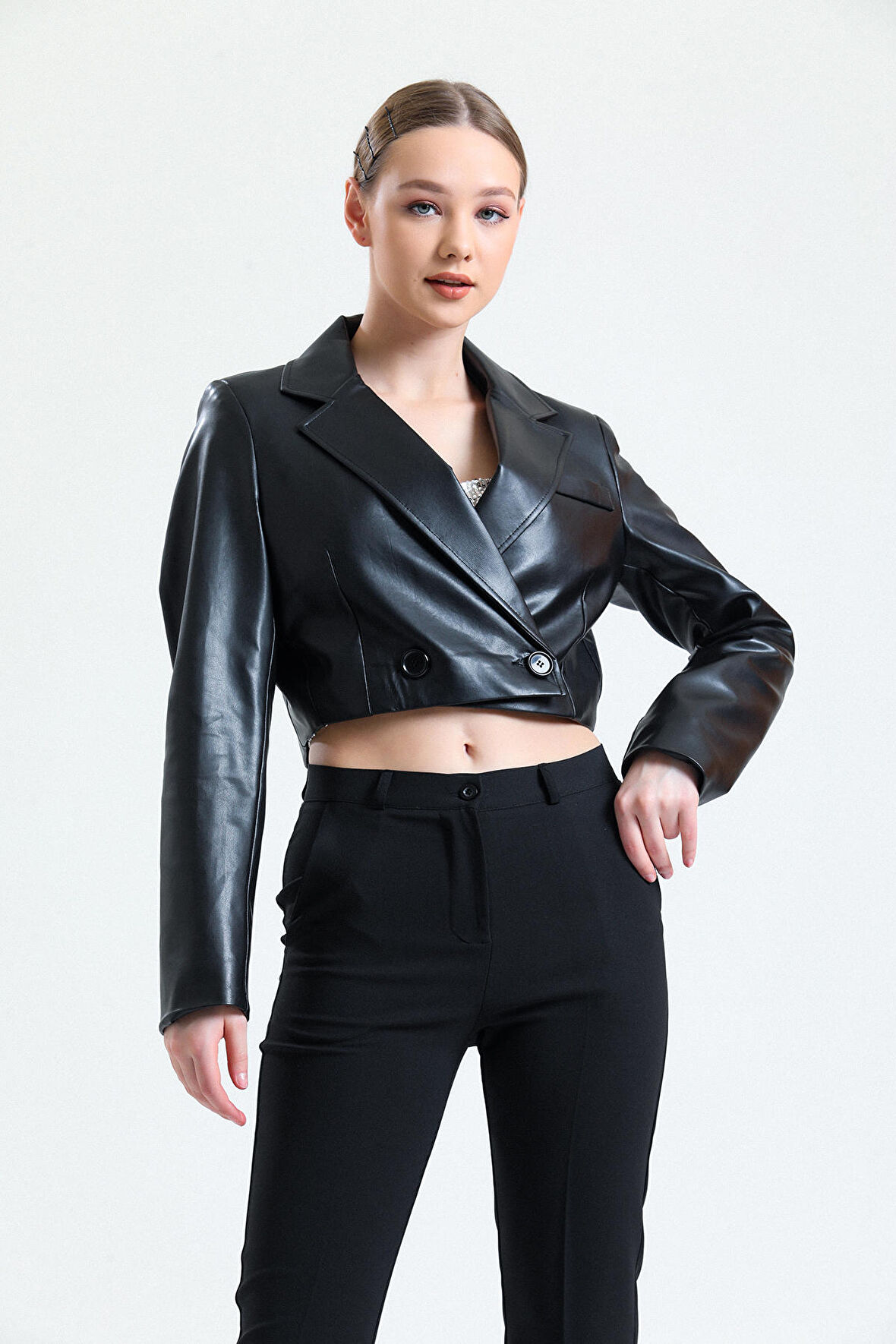 Astarlı  Suni Deri Kısa Ceket | Ckt34324 Siyah