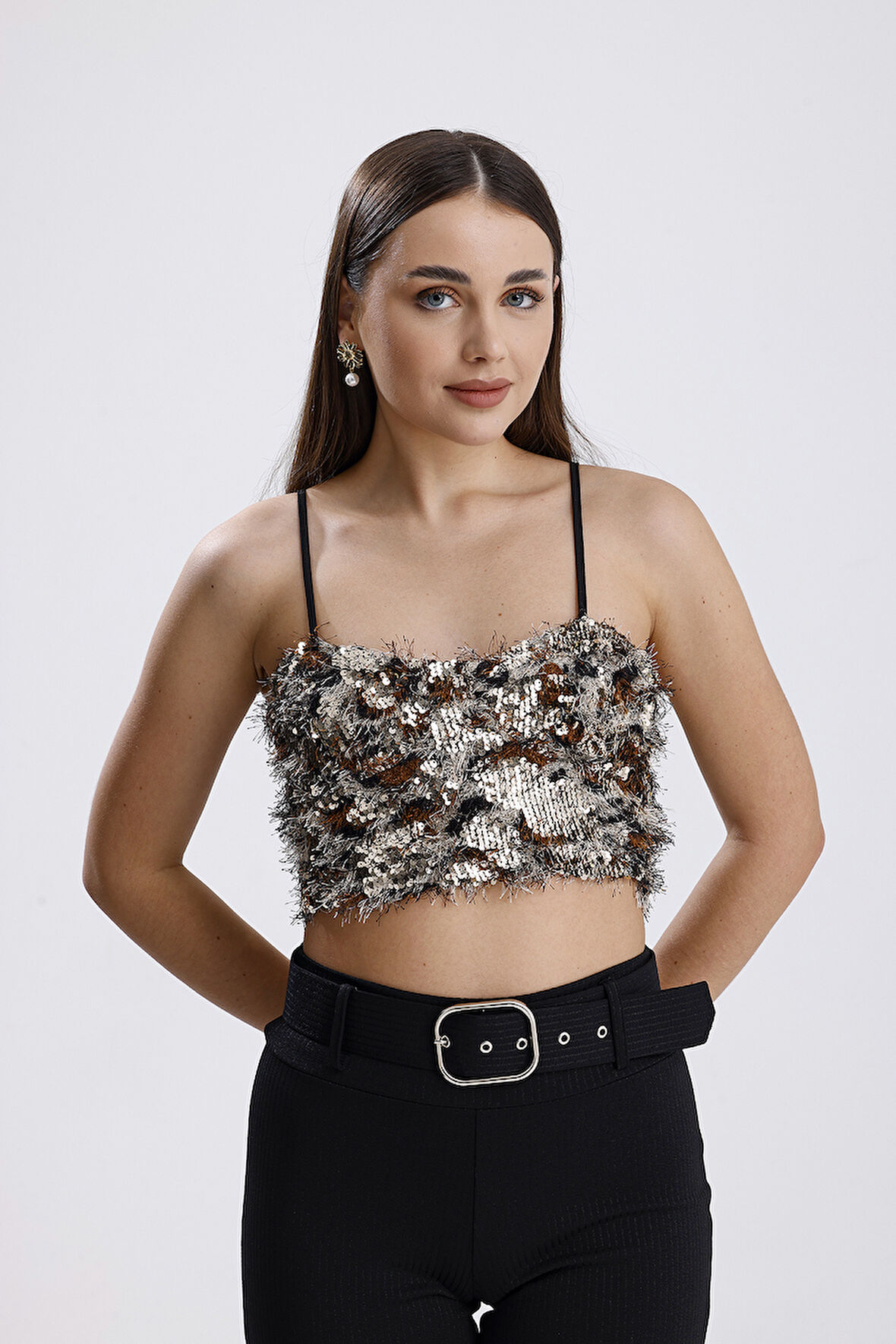 Arkası Fermuarlı Gloplu Askılı Sakallı Payet Bustiyer | BUST34594 Gold-Kahve