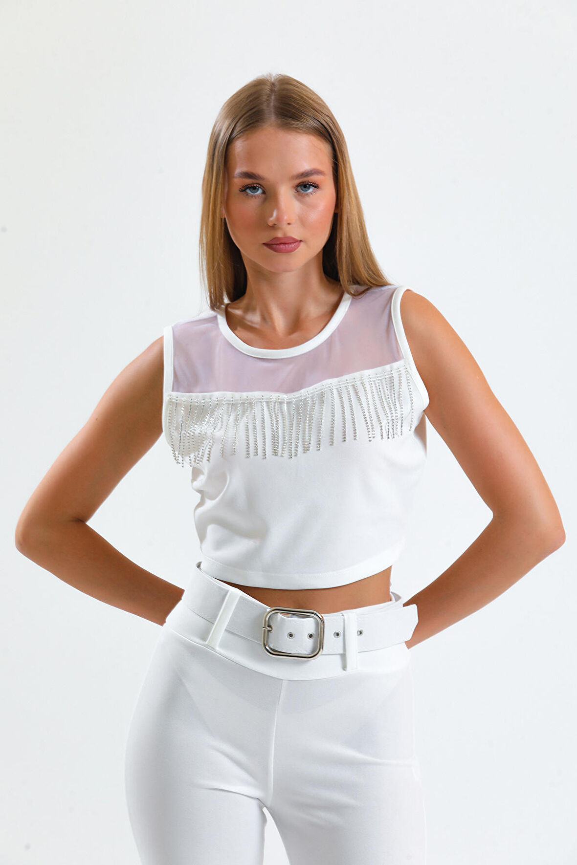 Taş Detaylı Abiye  Bluz | BLZ34565 Beyaz