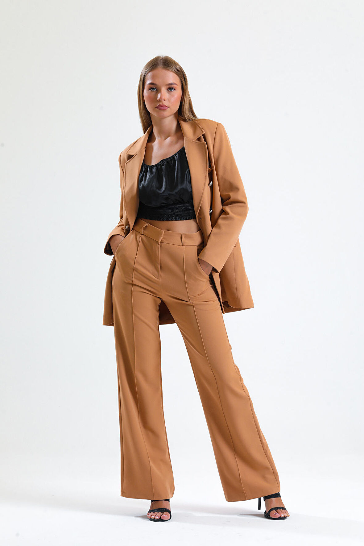 Süs Dikişli Hürrem Kumaş  Bol Paça Pantolon | Pnt34239 Camel