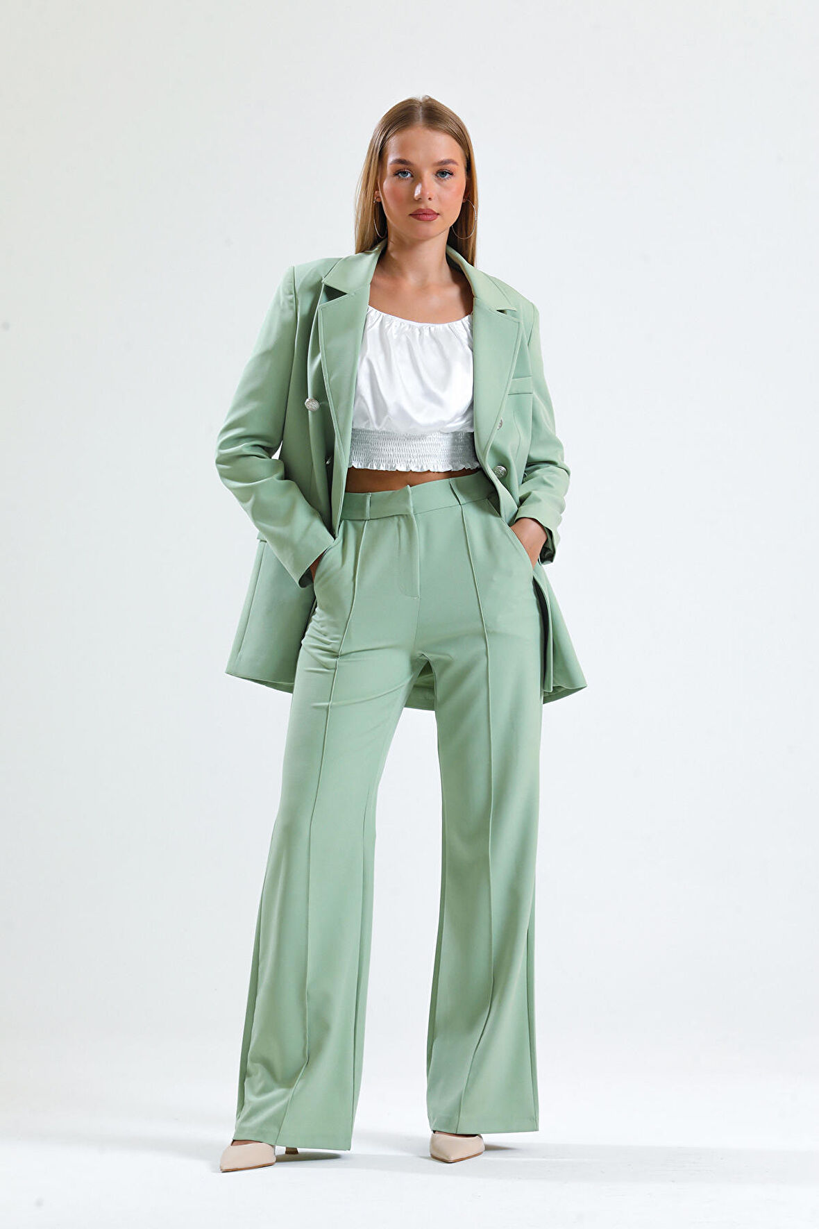 Süs Dikişli Hürrem Kumaş  Bol Paça Pantolon | Pnt34239 Küf Yeşili