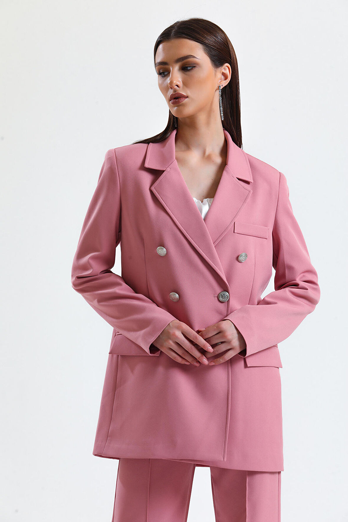 İçi Astarlı  Hürrem Kumaş Oversize Blazer Ceket | Ckt34236 Pudra