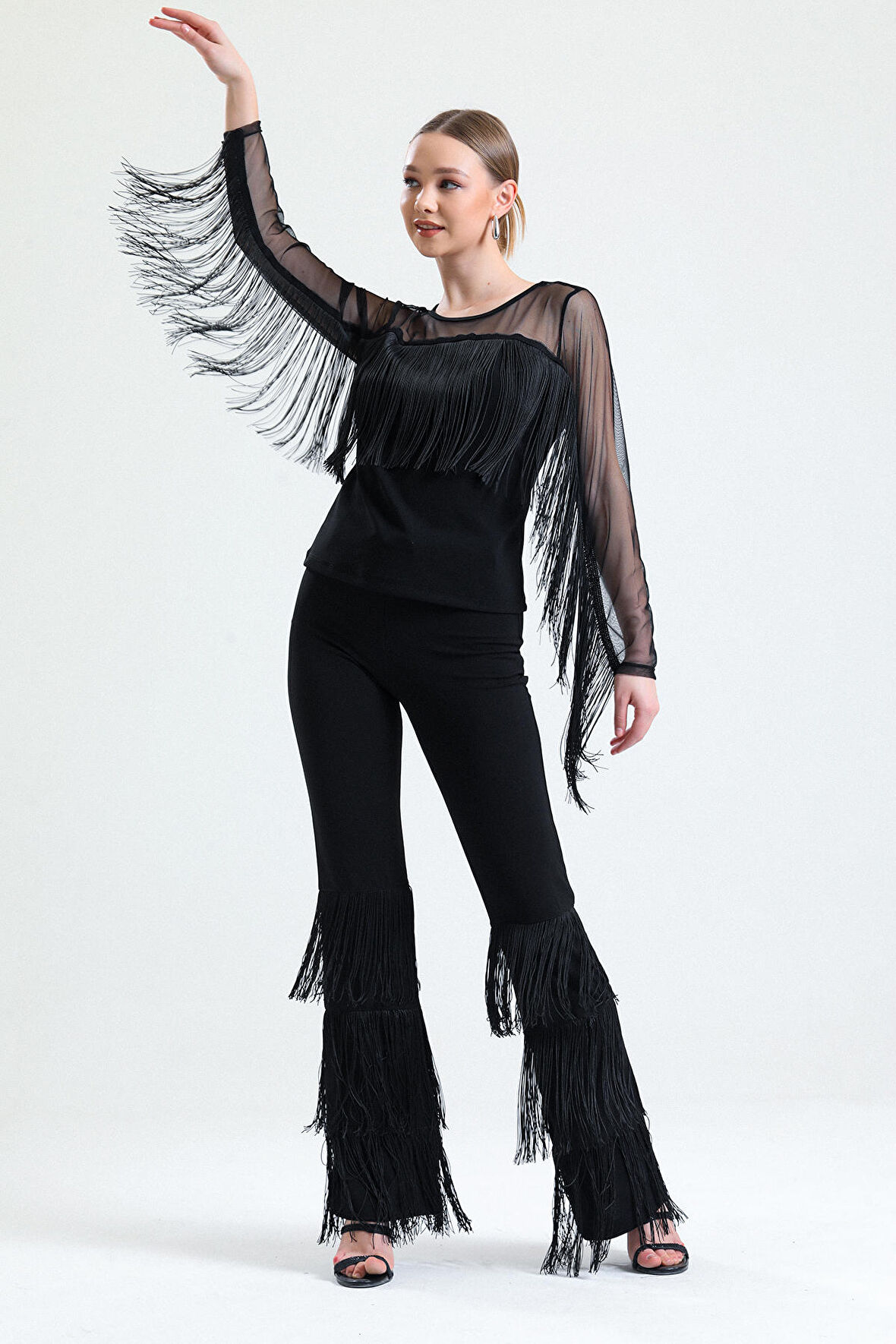 Kemerli Püskülü Detaylı Scuba Krep Pantolon | Pnt34791 Siyah