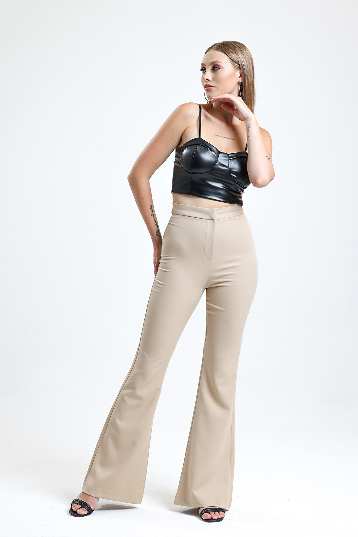 İspanyol Paça Fermuarlı  Cepli Hürrem Pantolon | Pnt35010 Taş