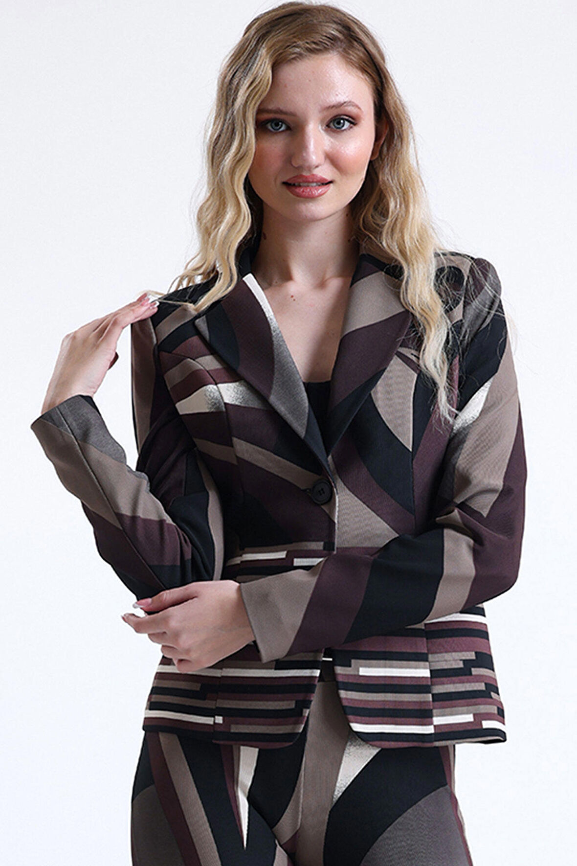 Astarlı Desenli Ottoman Blazer Ceket | Ckt 35257 Kahve Bej Siyah Desenli