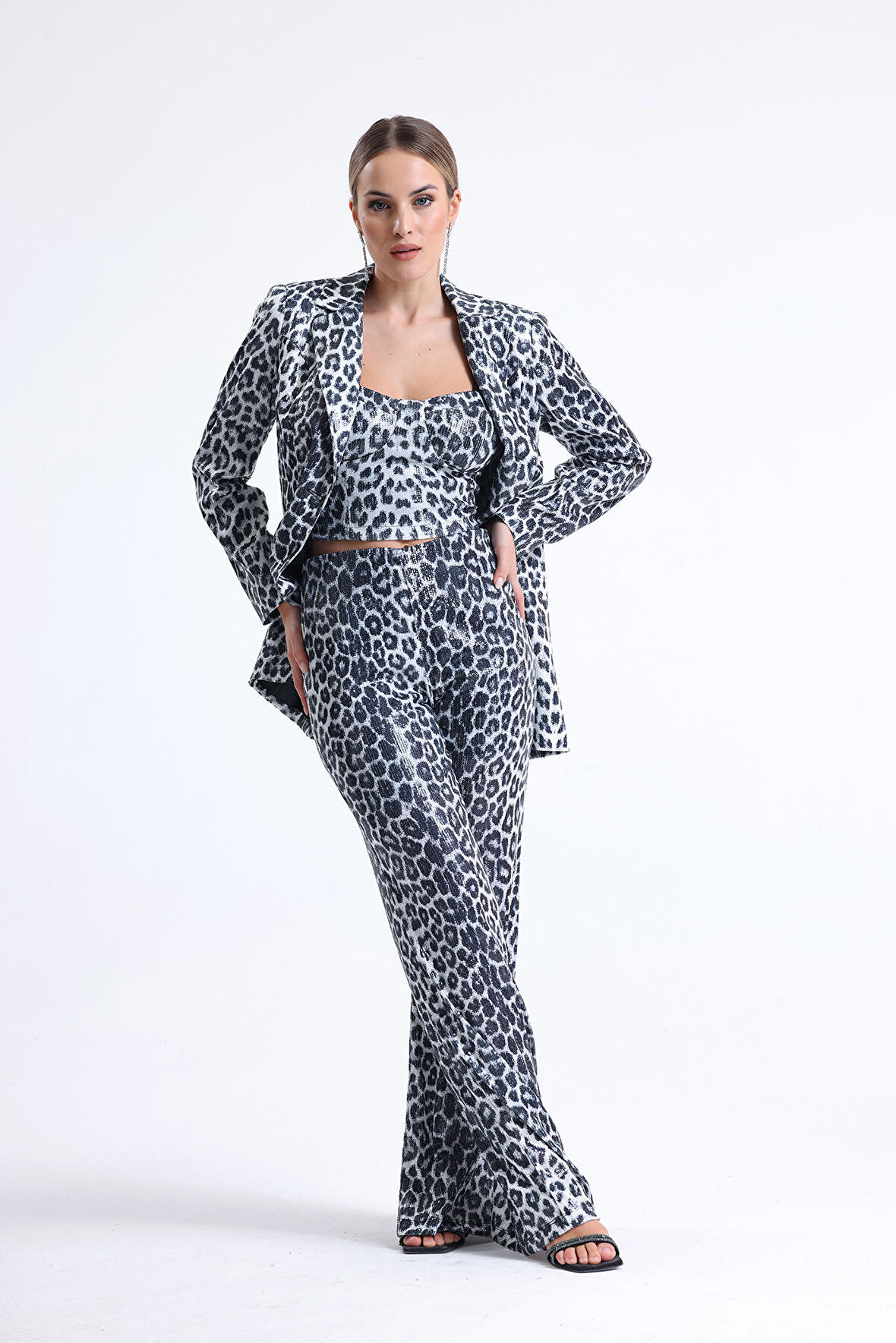 Sense Geniş Paçalı Payet Pantolon | Pnt32440 Siyah Gümüş Leopar