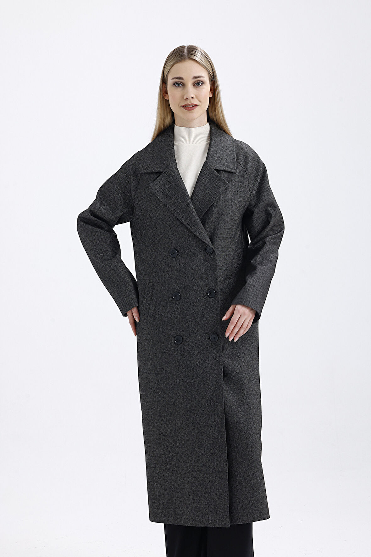 Astarlı Uzun Desenli  Trençkot | KBN35234 Antrasit