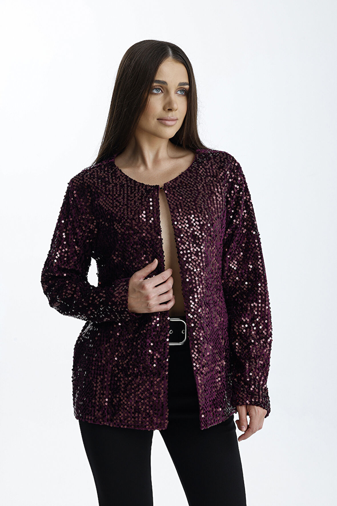 Astarlı Mevsimlik Kadife Üstüne Payet İşleme Abiye Ceket | CKT34356 Bordo