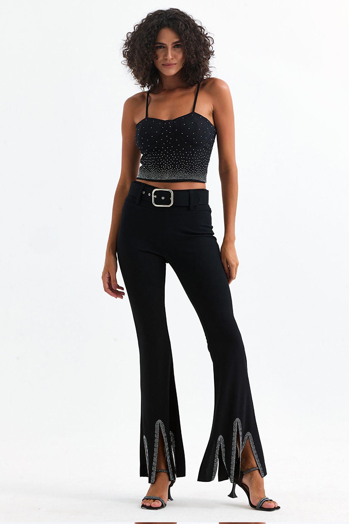 Kemerli Taş Detaylı Abiye Pantolon | Pnt35061 Siyah