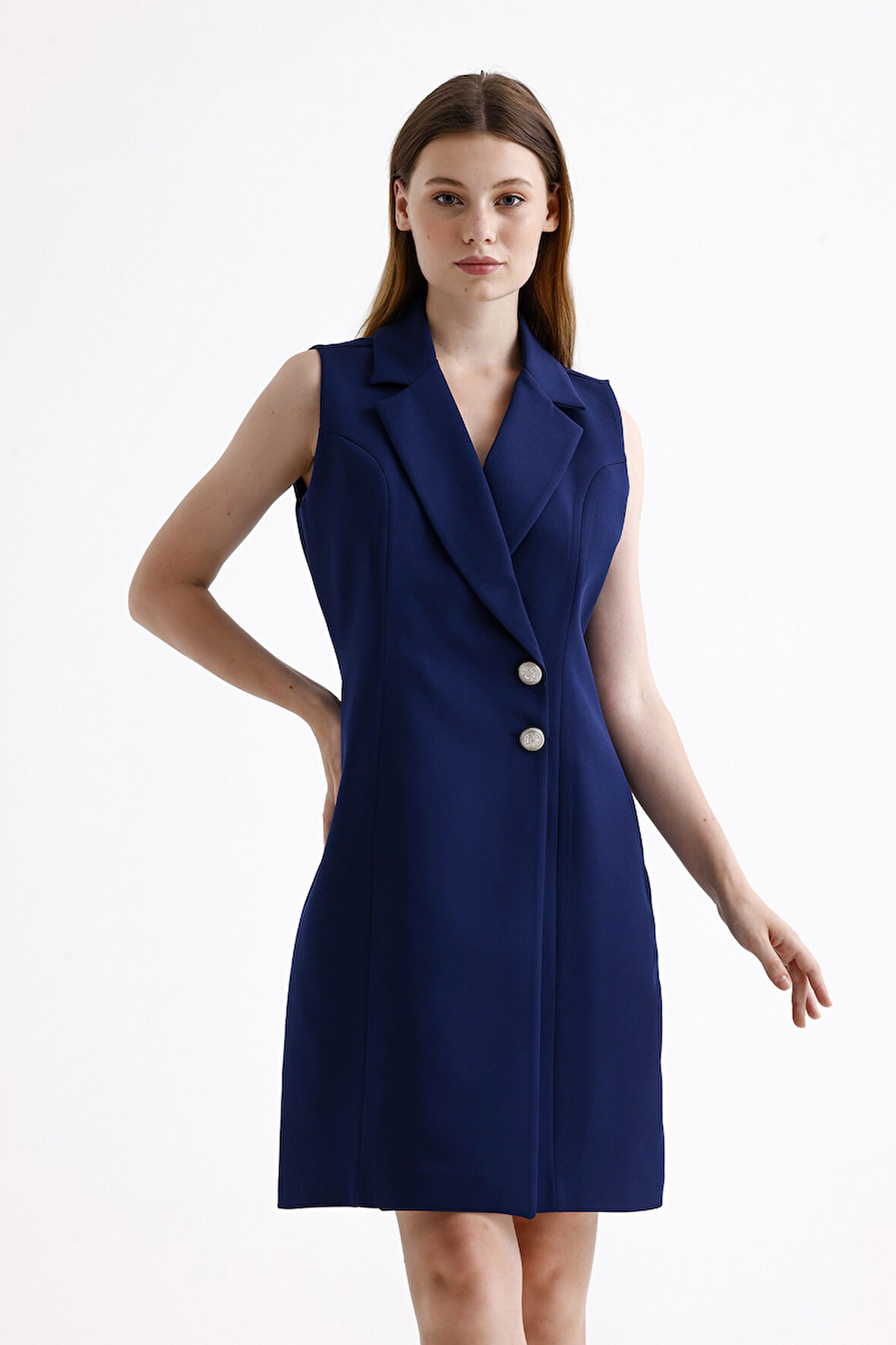 İçi Astarlı Kolsuz Hürrem Uzun Ceket Elbise | Ckt35288 Lacivert