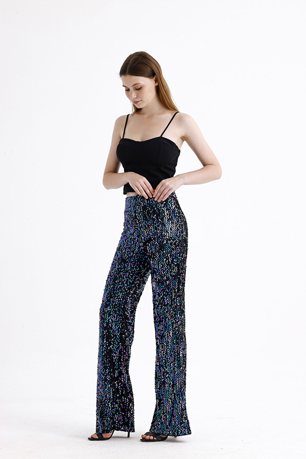 Astarlı Lastikli Geniş Paça Payetli Abiye Pantolon | Pnt33970 Siyah-Sarı