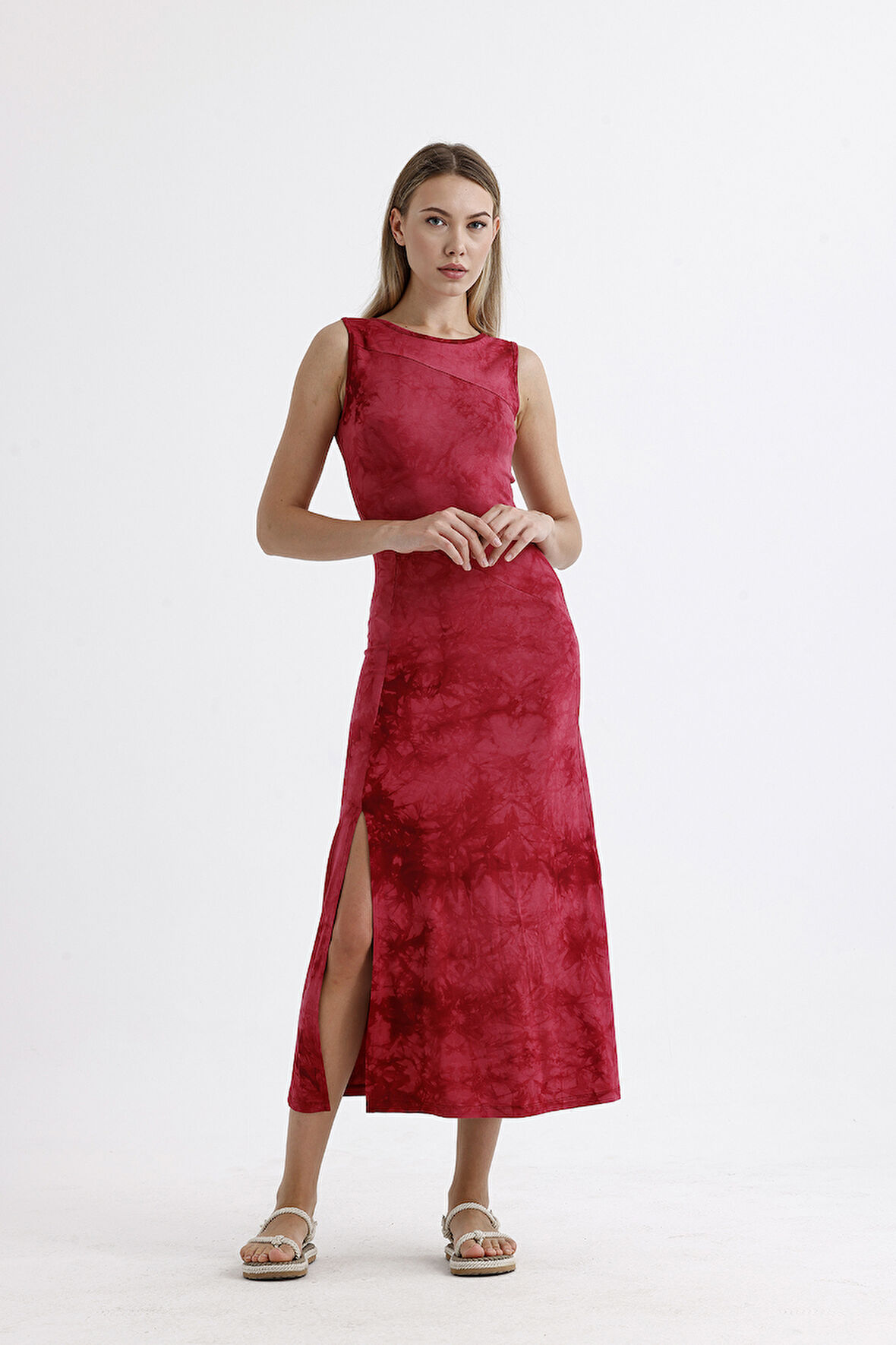 Yırtmaçlı Kolsuz Likralı Viskon Elbise | ELB35734 Bordo Batik