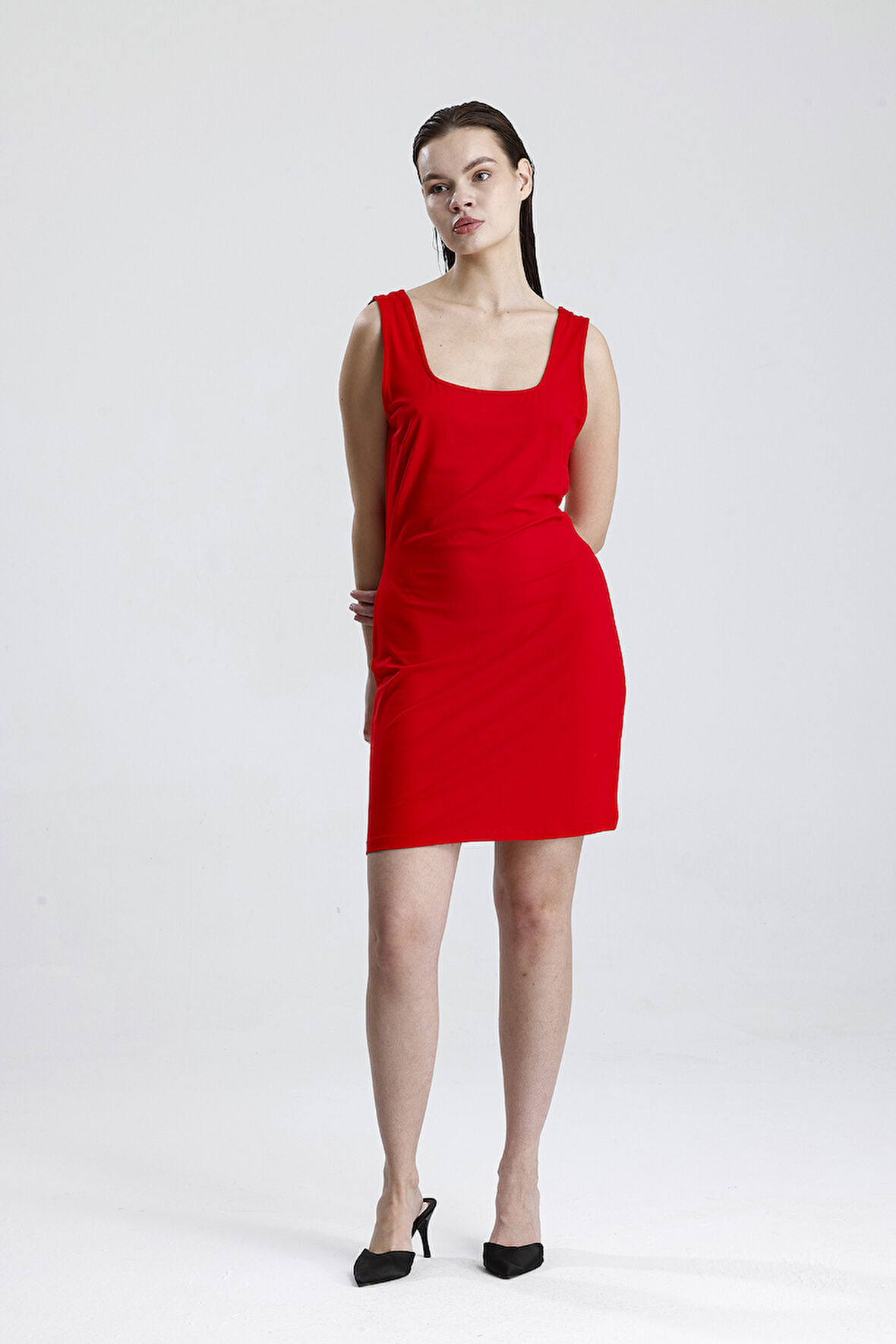 Kolsuz Likralı Baskılı Mini Viskon Elbise | ELB35735 Kırmızı