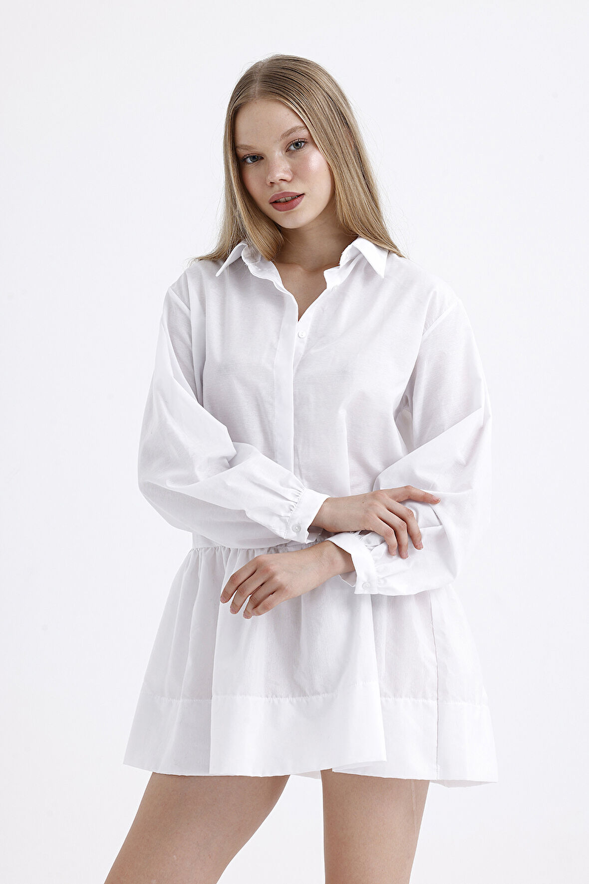 Gizli Pat Yakalı Mini Elbise | Elb65868 Beyaz