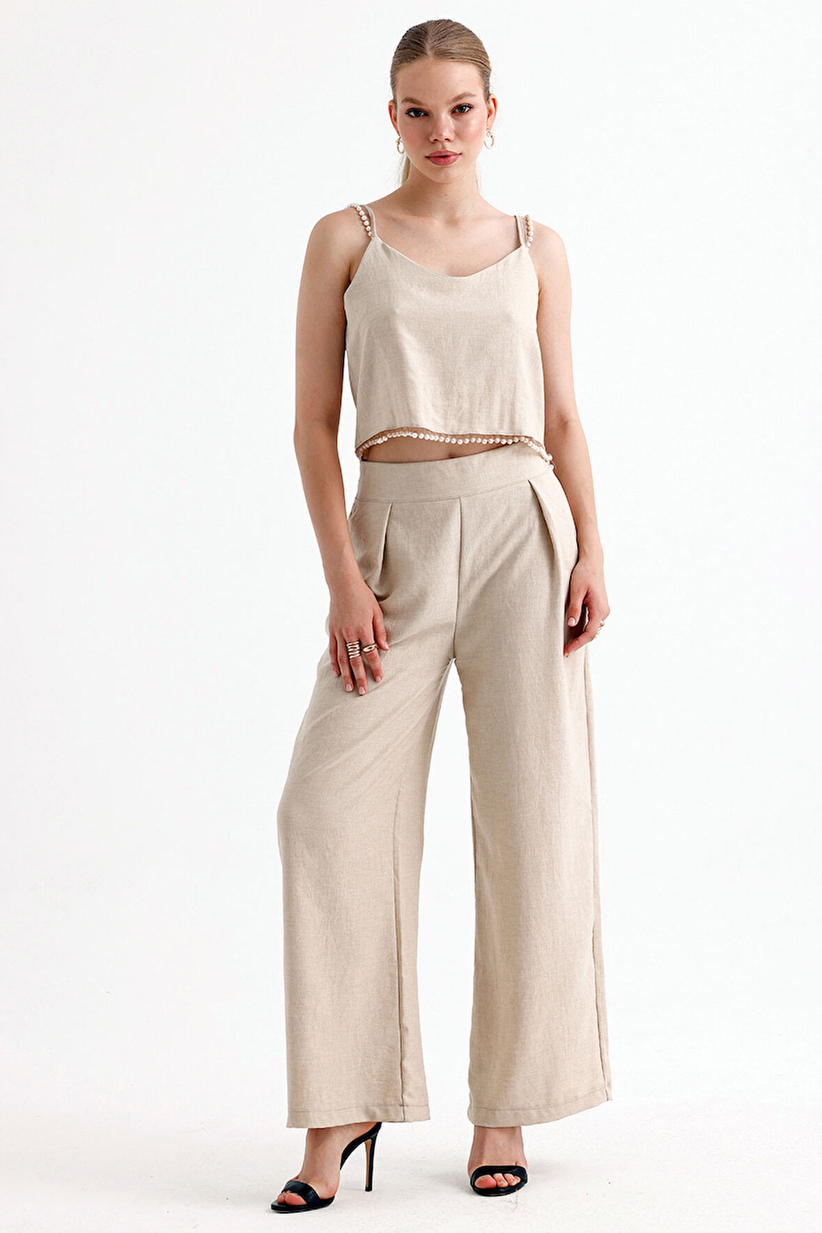 İnci Detaylı Bluz Pantolon  2'Li Takım | Tkm35863 Bej