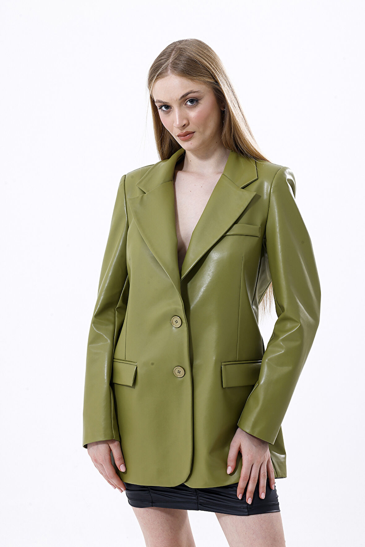 Cep Kapaklı Suni Deri Ceket | CKT33552 Yağ Yeşili