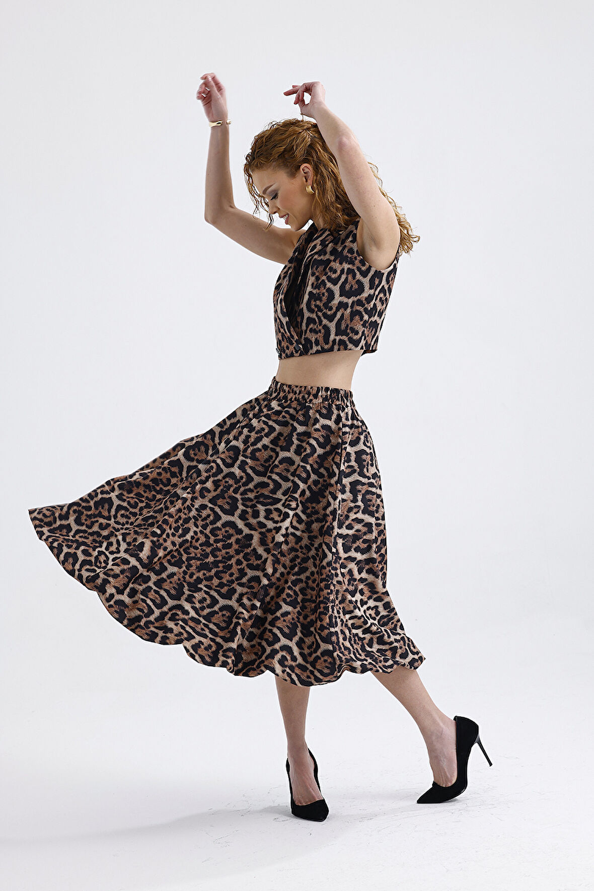 Astarlı Beli Lastikli Leopar Desenli Diz Altı Kloş Etek | ETK35937 Kahve Siyah Leopar