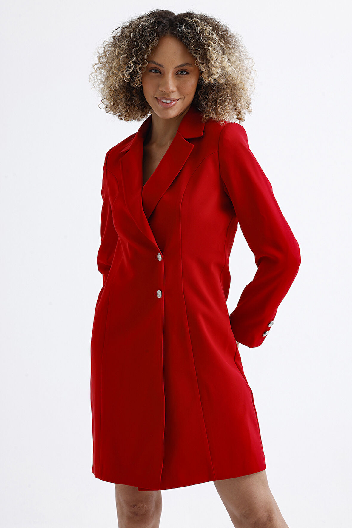 Astarlı Ön Ve Kollar Metal Düğmeli Adriyana Ceket Elbise | CKT35856 Kırmızı