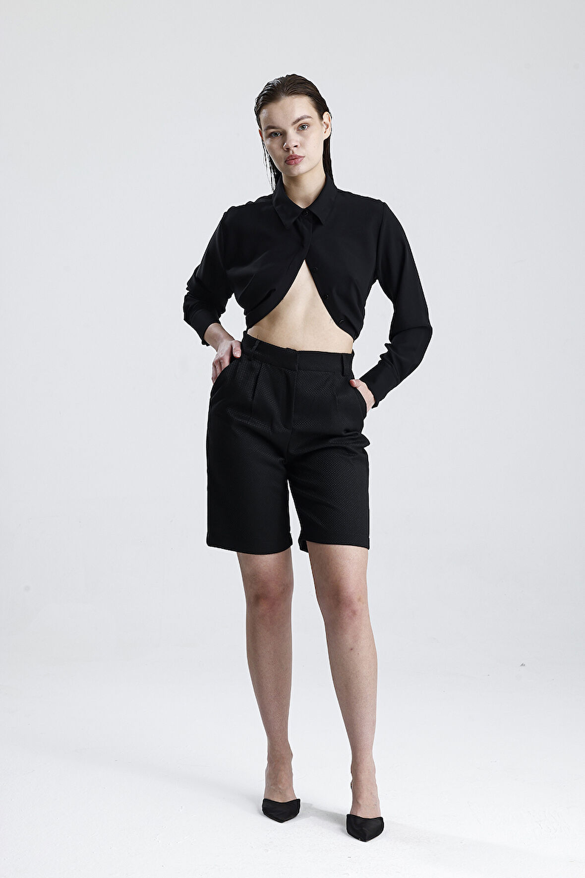 Metal Fermuarlı Bermuda Şort | ŞRT35934 Siyah