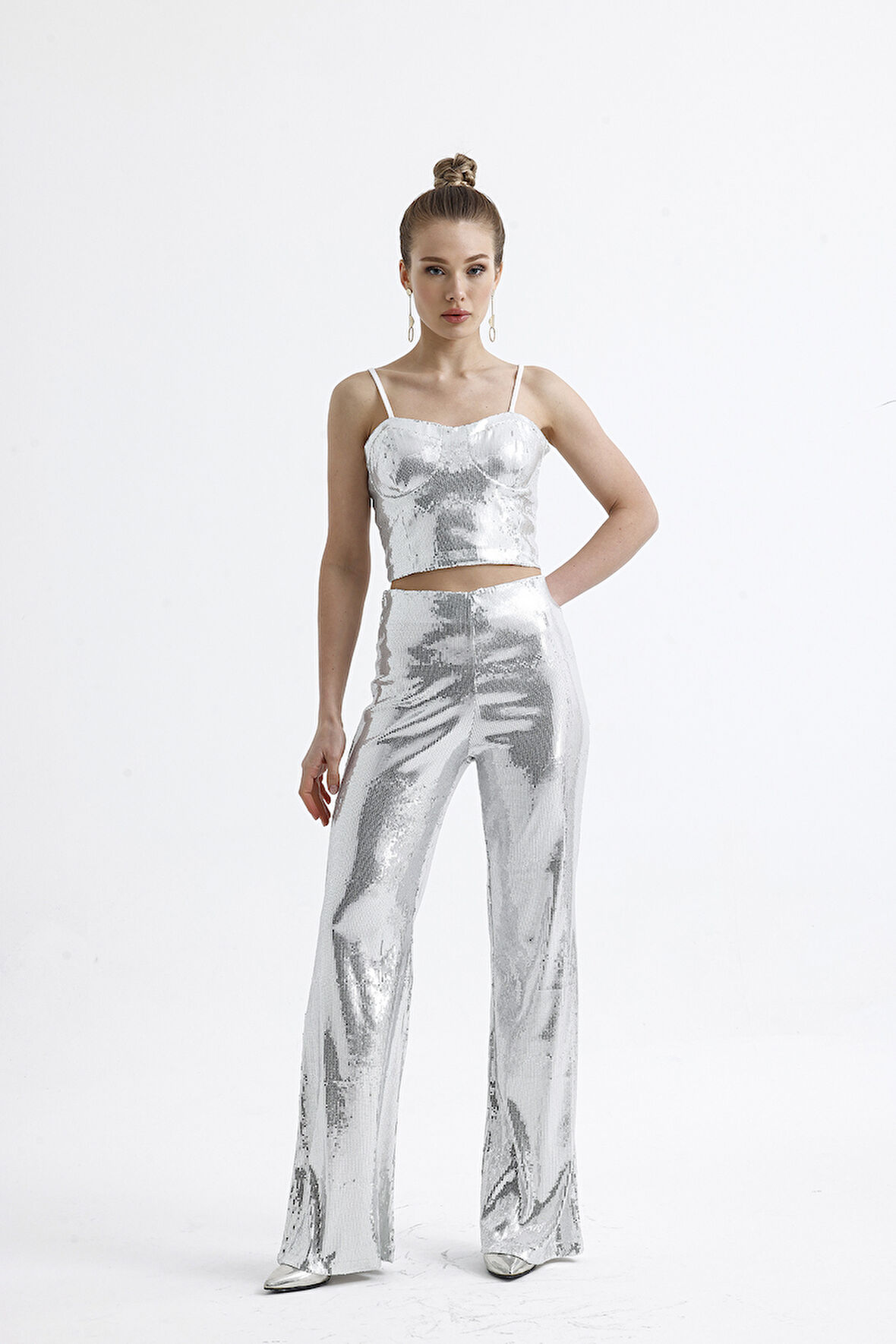 Sense Geniş Paçalı Payet Pantolon | Pnt32440 Gumus